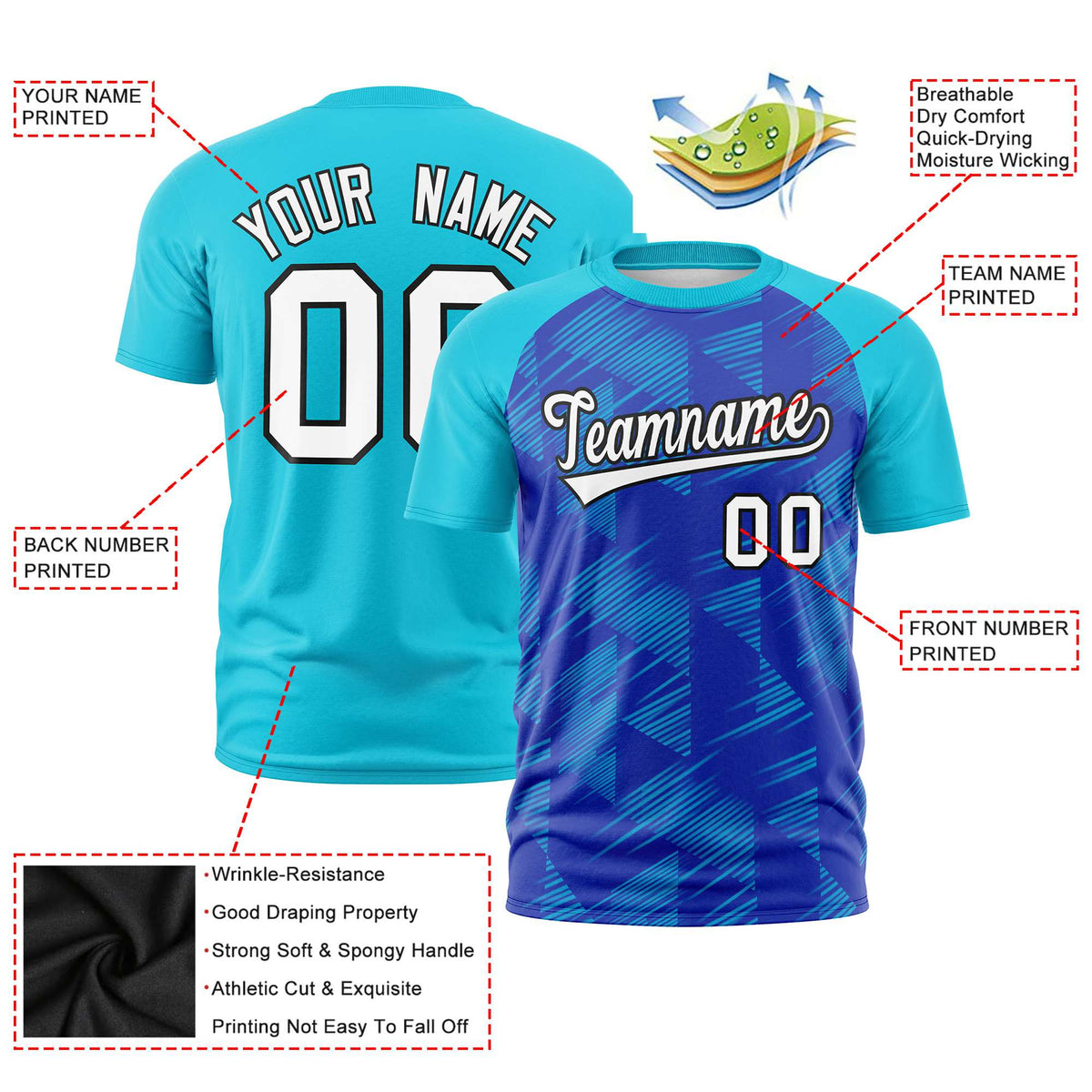 Custom Royal Blue Sky Blue Crew neck Triangular Shapes Design Performance T-Shirt