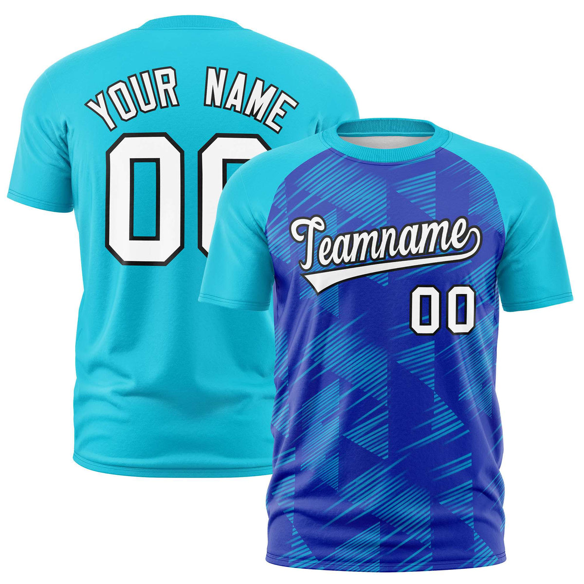 Custom Royal Blue Sky Blue Crew neck Triangular Shapes Design Performance T-Shirt