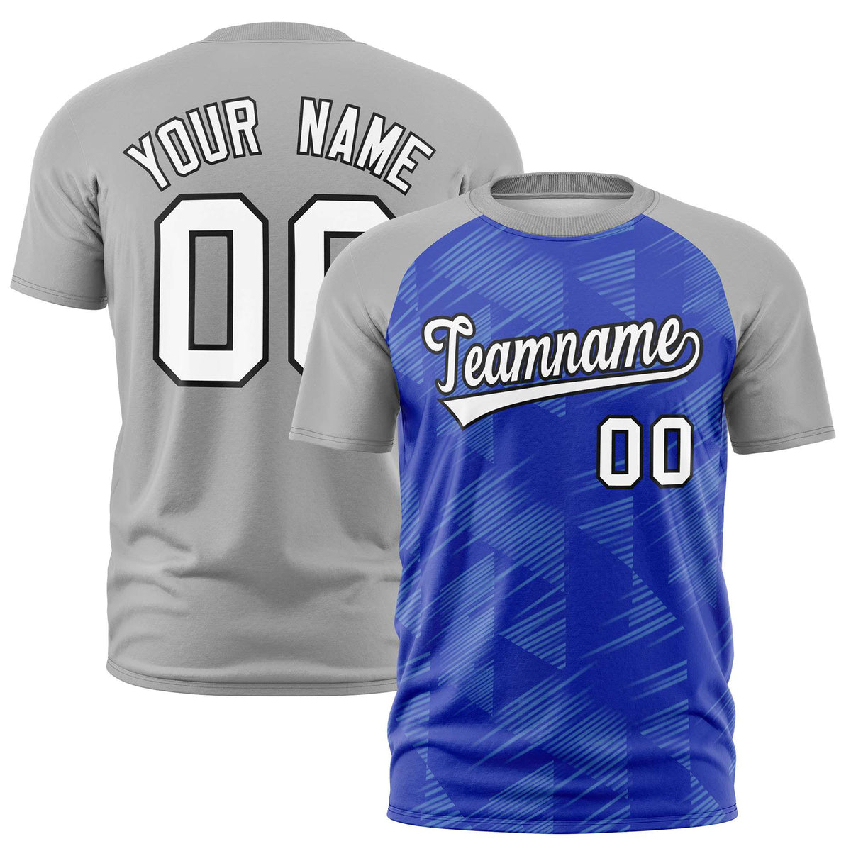 Custom Royal Blue Gray Crew neck Triangular Shapes Design Performance T-Shirt