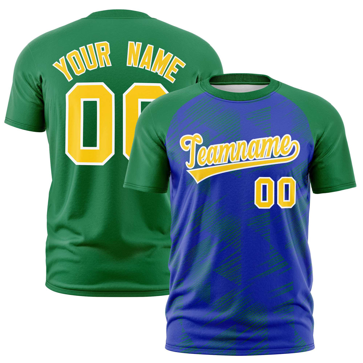 Custom Royal Blue Kelly Green Crew neck Triangular Shapes Design Performance T-Shirt