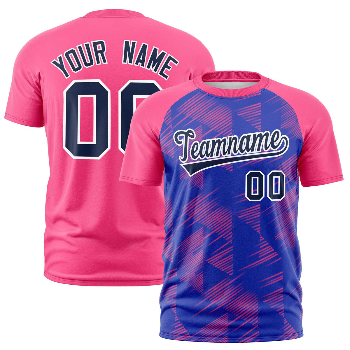 Custom Royal Blue Pink Crew neck Triangular Shapes Design Performance T-Shirt