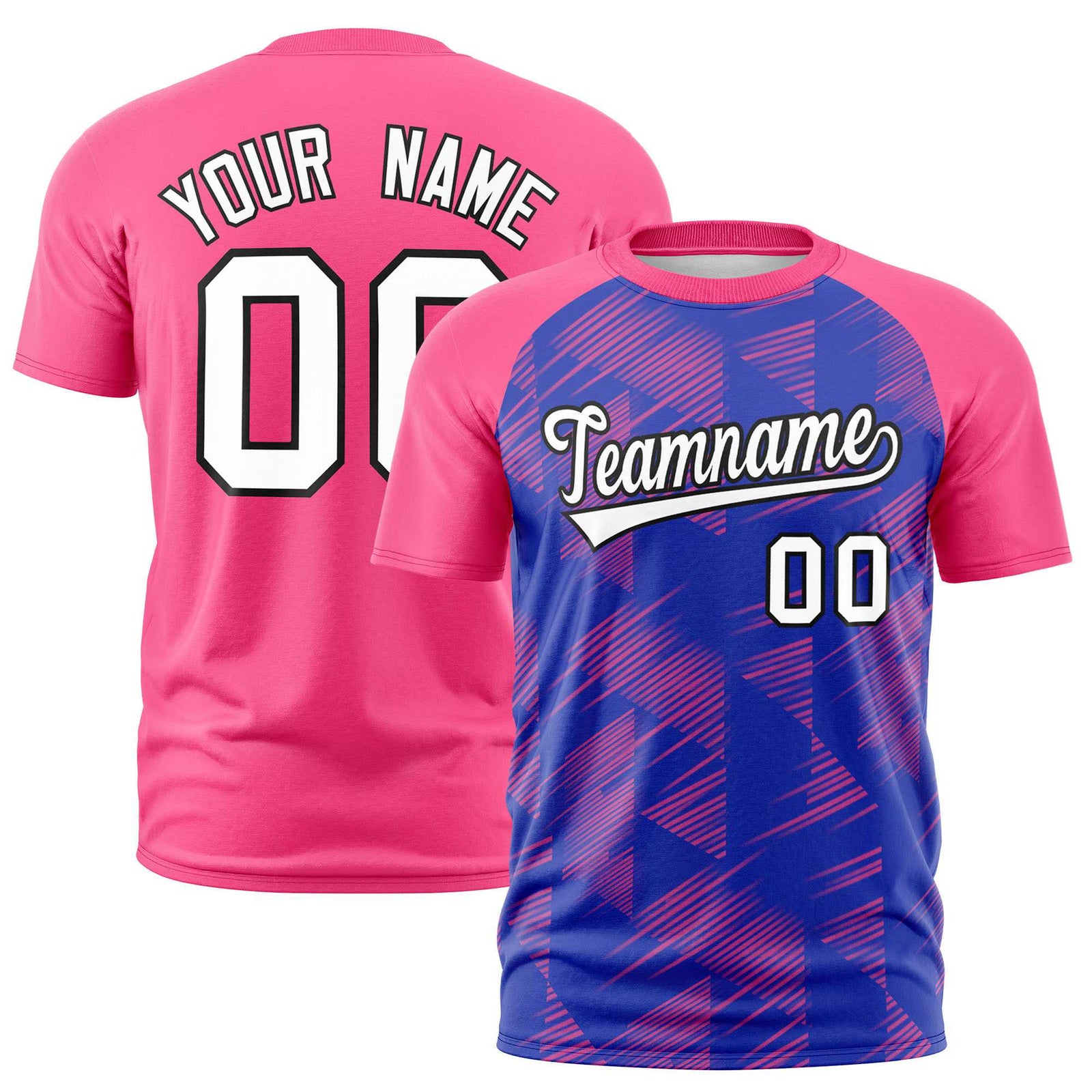 Custom Royal Blue Pink Crew neck Triangular Shapes Design Performance T-Shirt