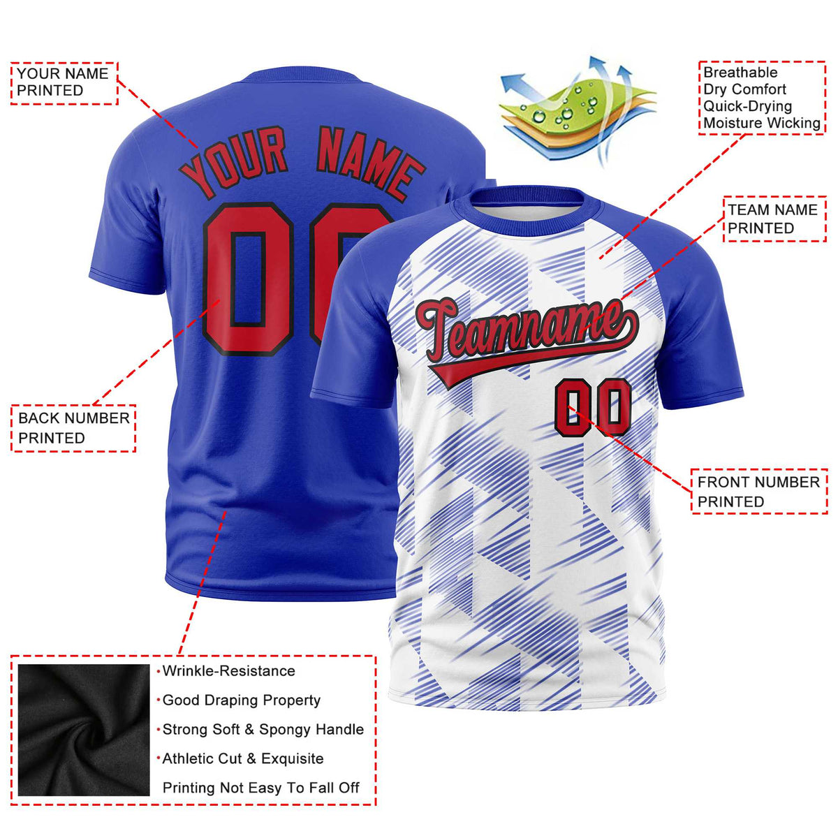 Custom White Royal Blue Crew neck Triangular Shapes Design Performance T-Shirt