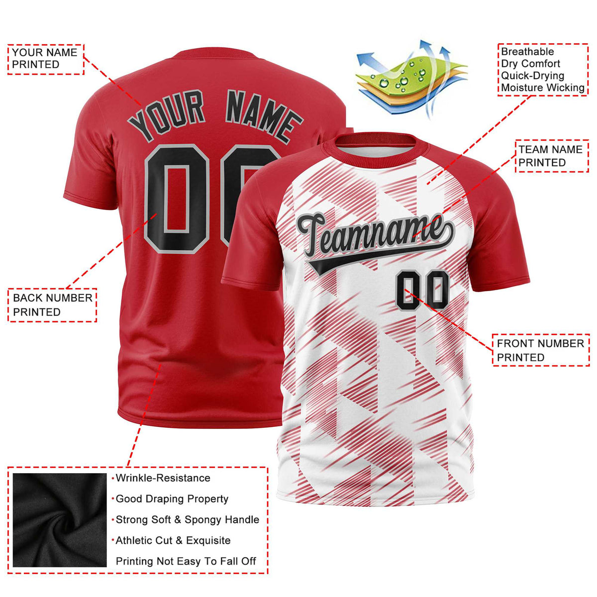 Custom White Red Crew neck Triangular Shapes Design Performance T-Shirt