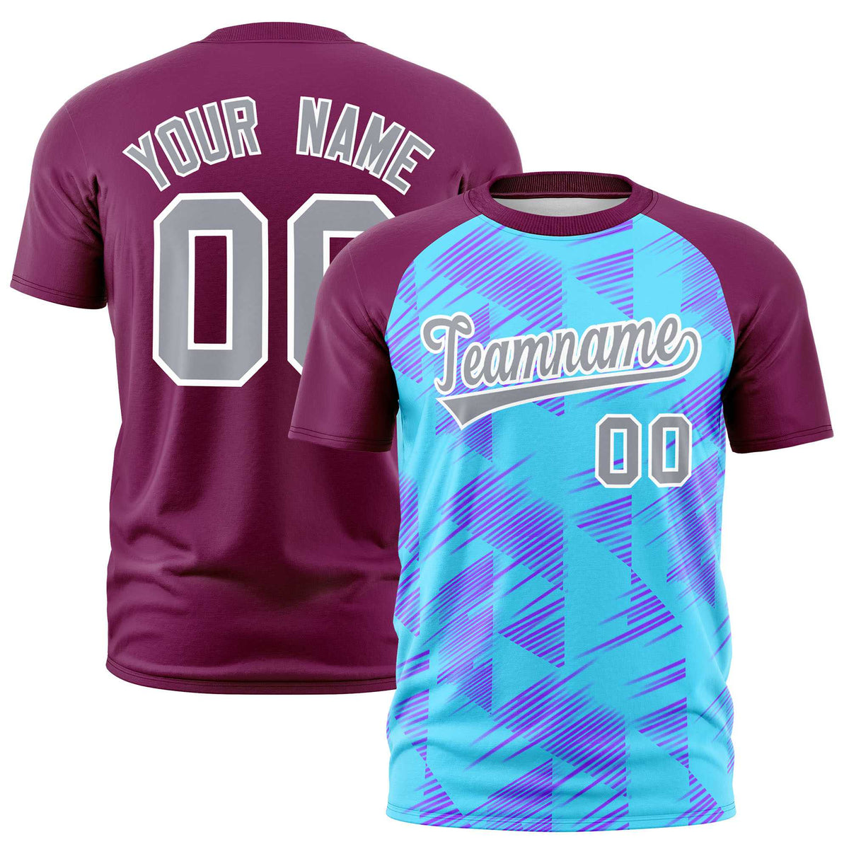 Custom Sky Blue Red Crew neck Triangular Shapes Design Performance T-Shirt