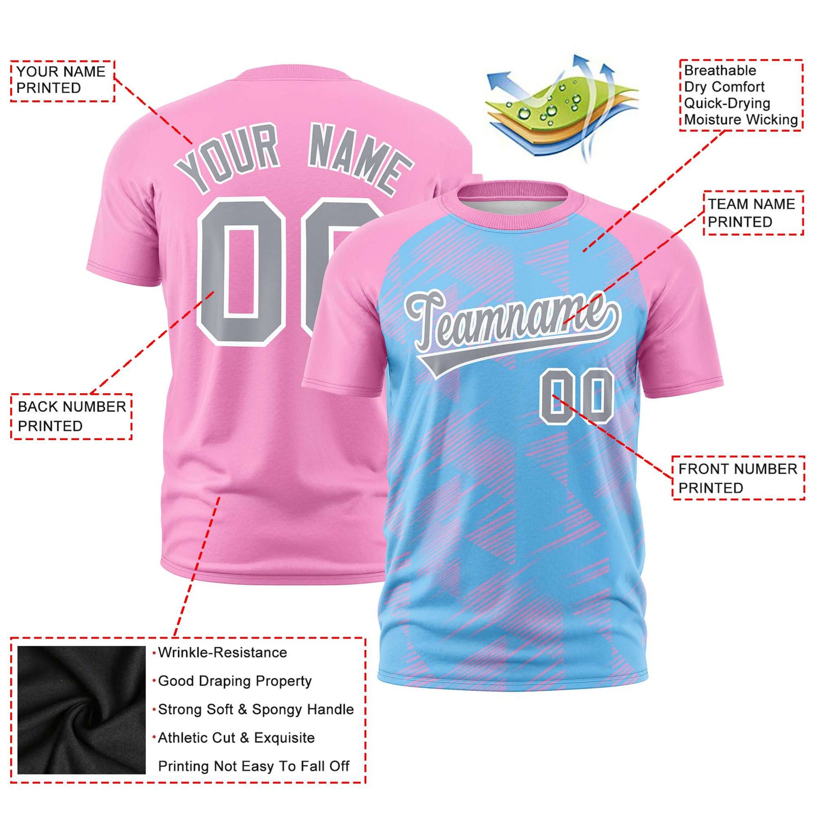 Custom Pink Blue Crew neck Triangular Shapes Design Performance T-Shirt