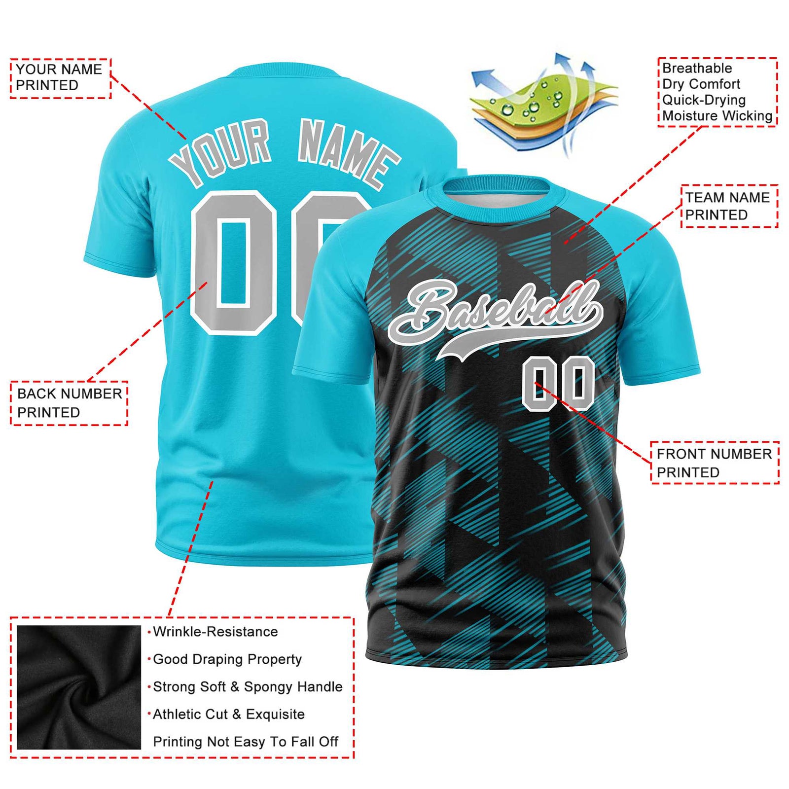 Custom Black Sky Blue Crew neck Triangular Shapes Design Performance T-Shirt