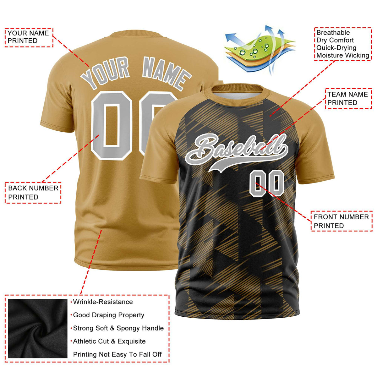 Custom Black Old Gold Crew neck Triangular Shapes Design Performance T-Shirt