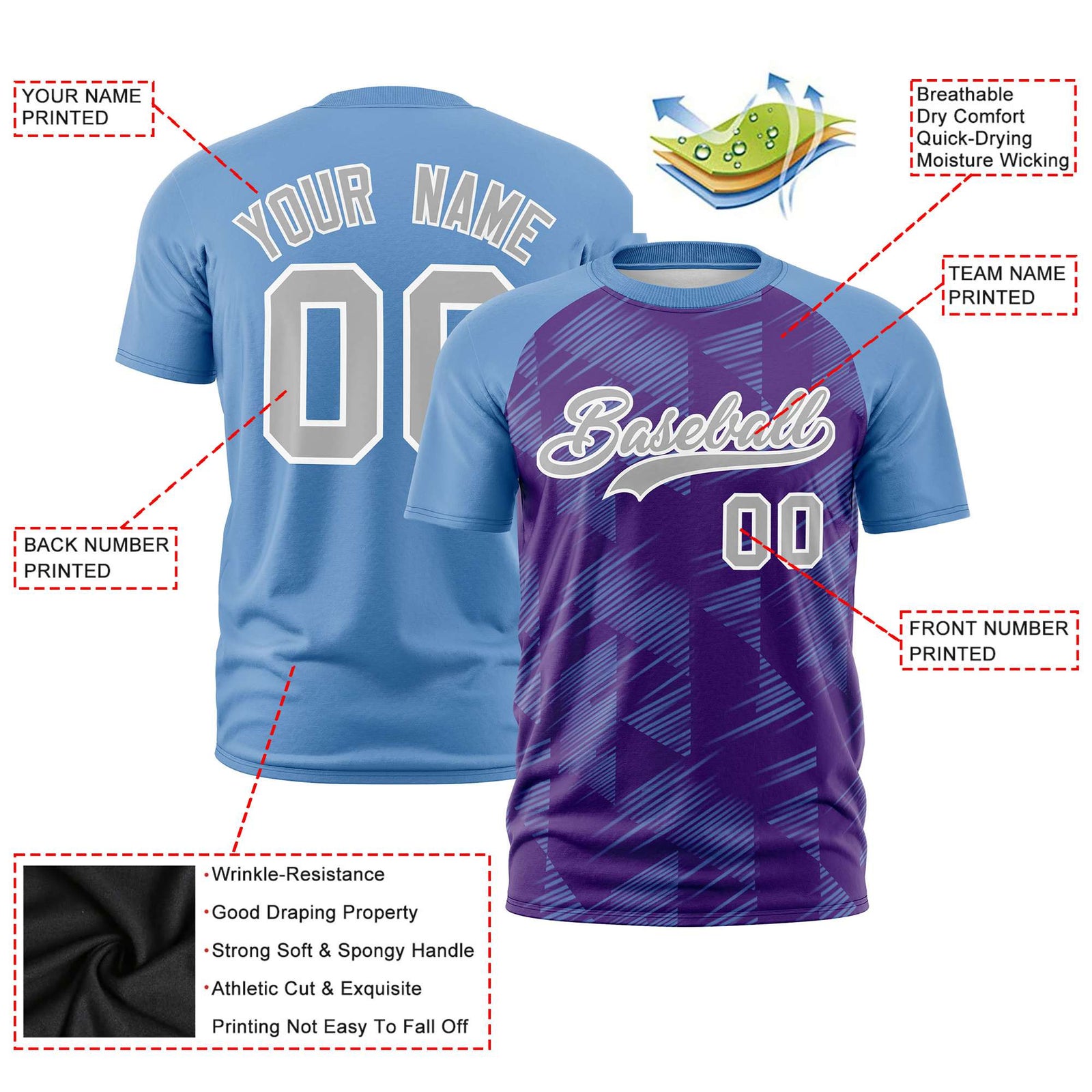 Custom Purple Light Blue Crew neck Triangular Shapes Design Performance T-Shirt