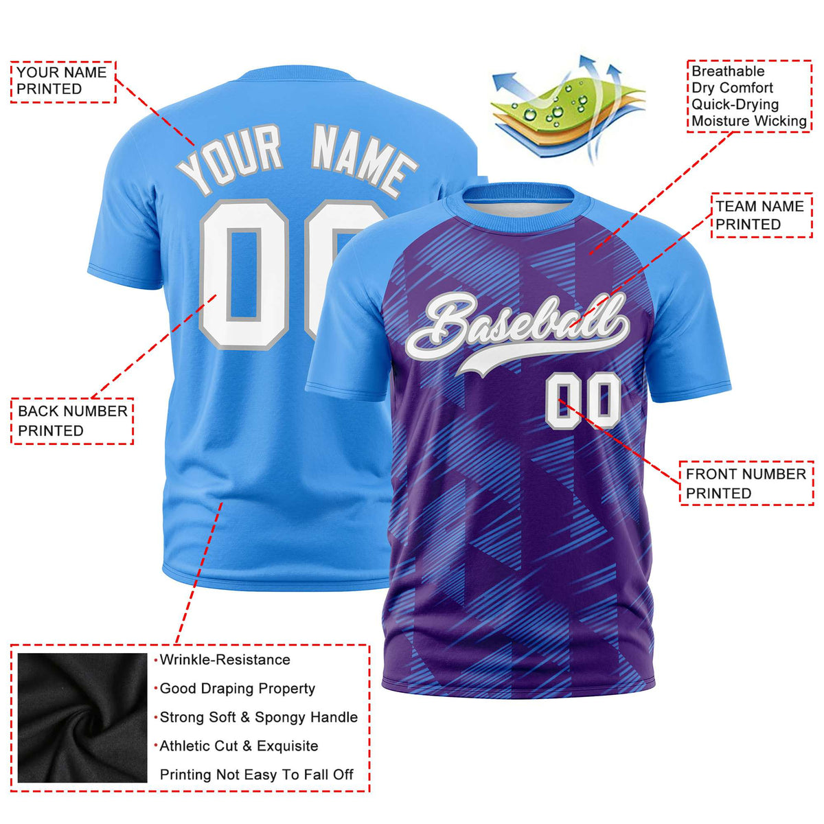 Custom Purple Powder Blue Crew neck Triangular Shapes Design Performance T-Shirt