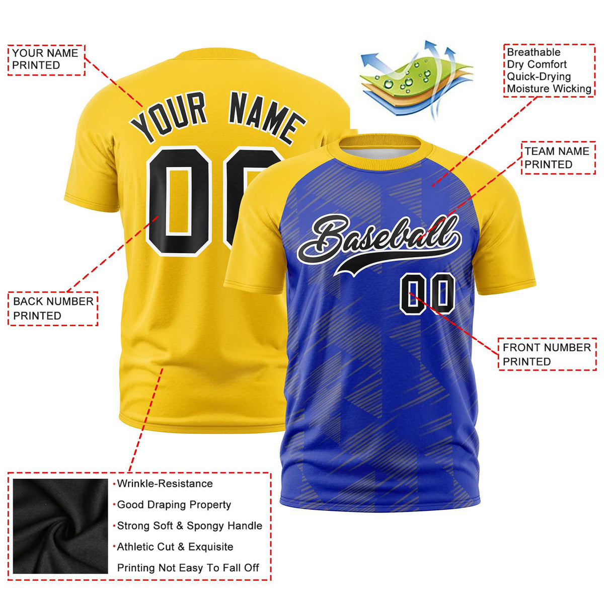 Custom Royal Blue Gold-01 Crew neck Triangular Shapes Design Performance T-Shirt