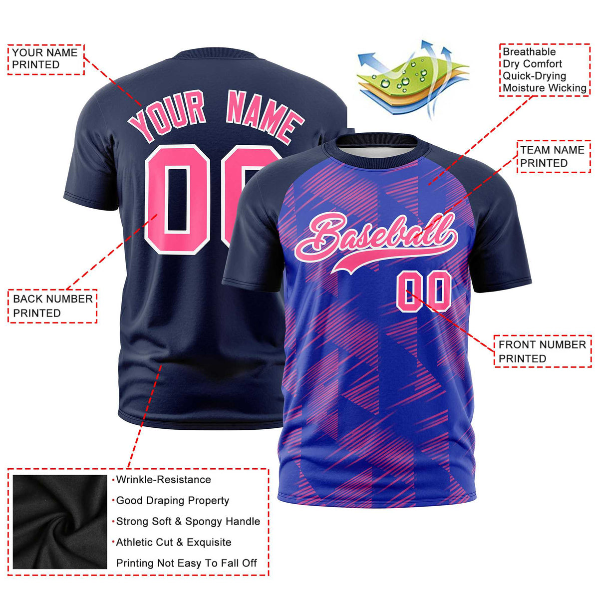 Custom Royal Blue Navy Crew neck Triangular Shapes Design Performance T-Shirt