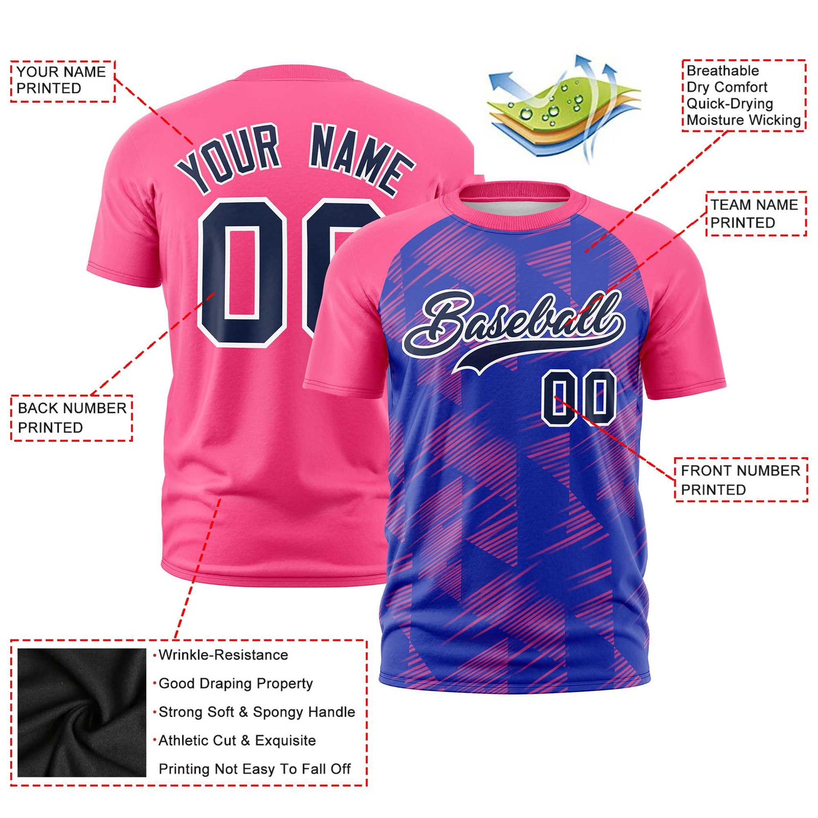 Custom Royal Blue Pink Crew neck Triangular Shapes Design Performance T-Shirt