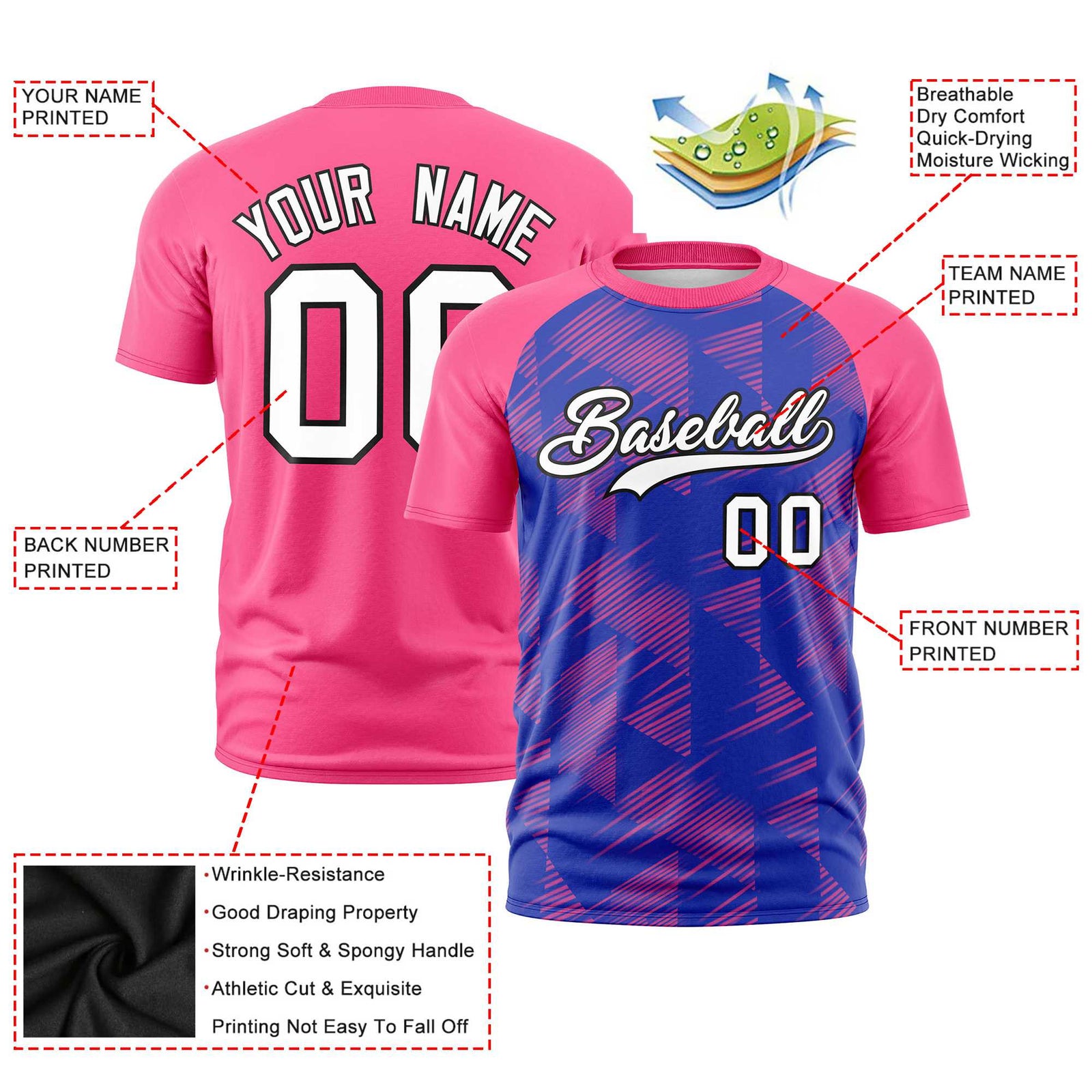 Custom Royal Blue Pink Crew neck Triangular Shapes Design Performance T-Shirt