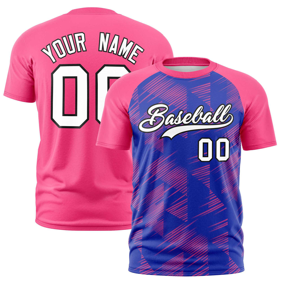 Custom Royal Blue Pink Crew neck Triangular Shapes Design Performance T-Shirt