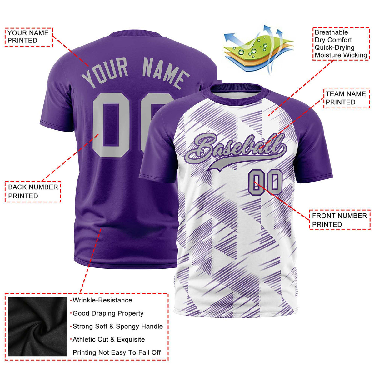 Custom White Purple Crew neck Triangular Shapes Design Performance T-Shirt