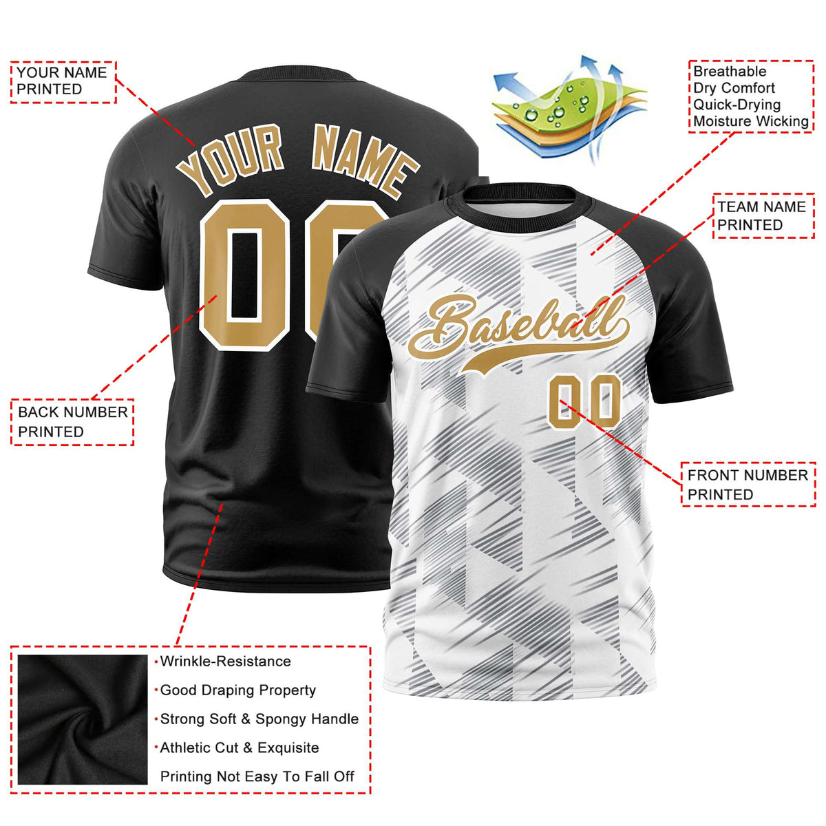 Custom White Black Crew neck Triangular Shapes Design Performance T-Shirt