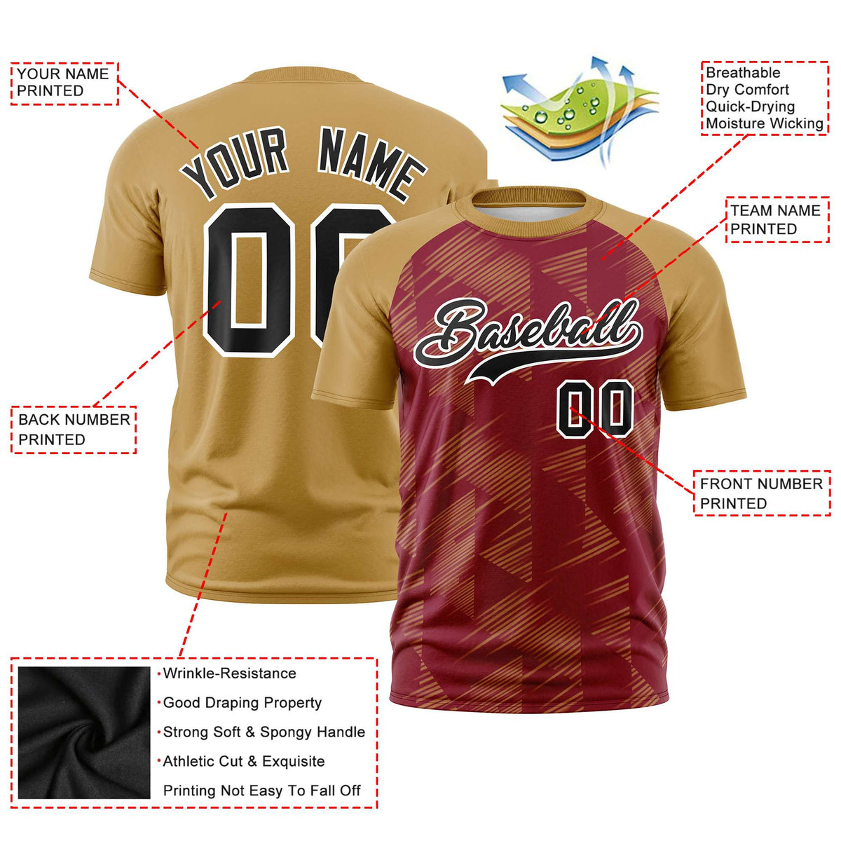 Custom Crimson Old Gold Crew neck Triangular Shapes Design Performance T-Shirt