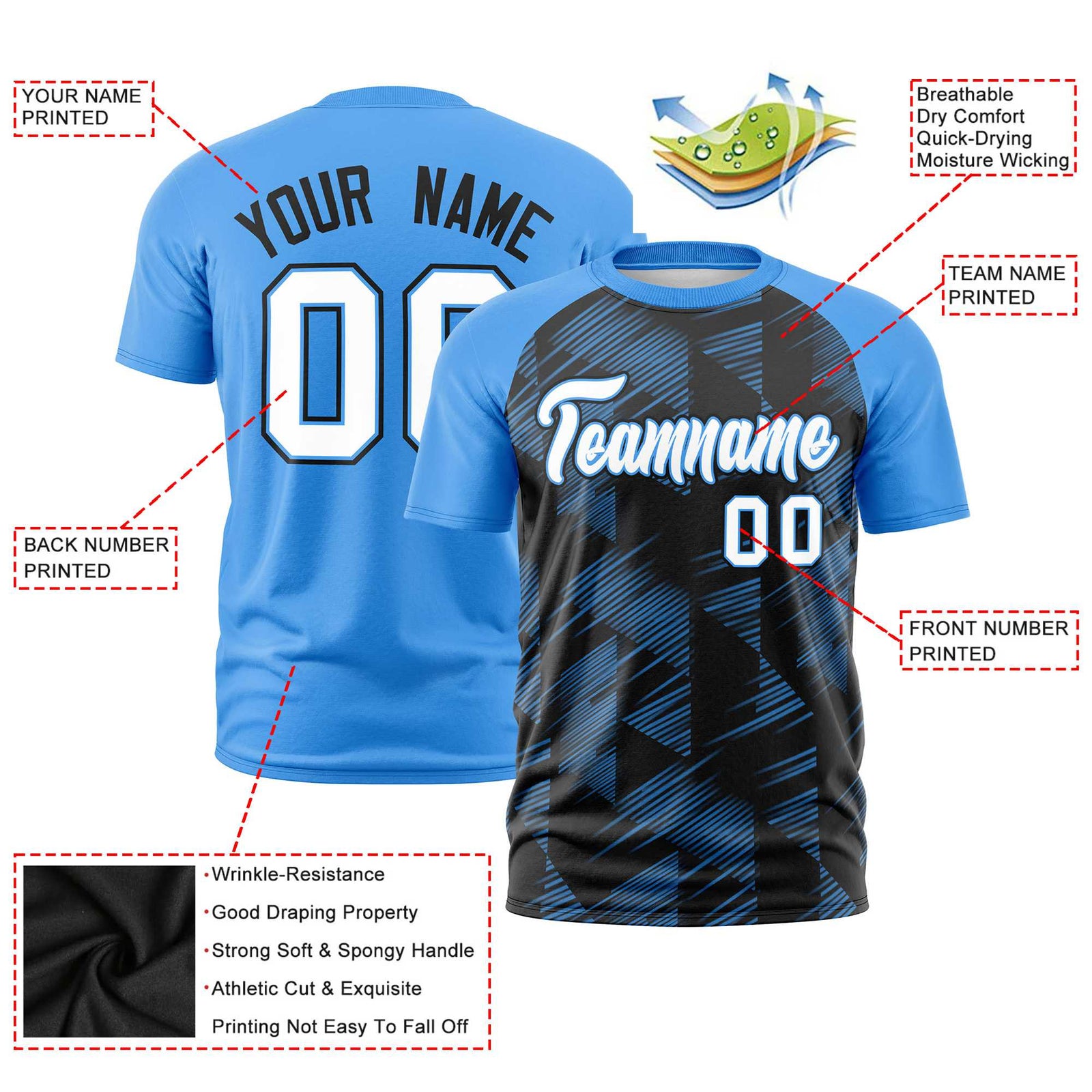Custom Black Powder Blue Crew neck Triangular Shapes Design Performance T-Shirt
