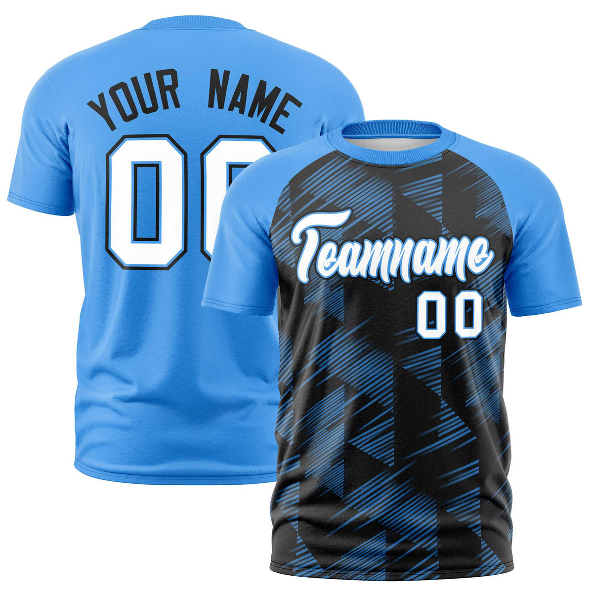 Custom Black Powder Blue Crew neck Triangular Shapes Design Performance T-Shirt