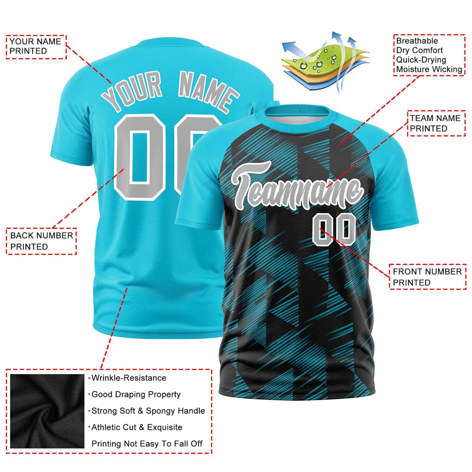 Custom Black Sky Blue Crew neck Triangular Shapes Design Performance T-Shirt