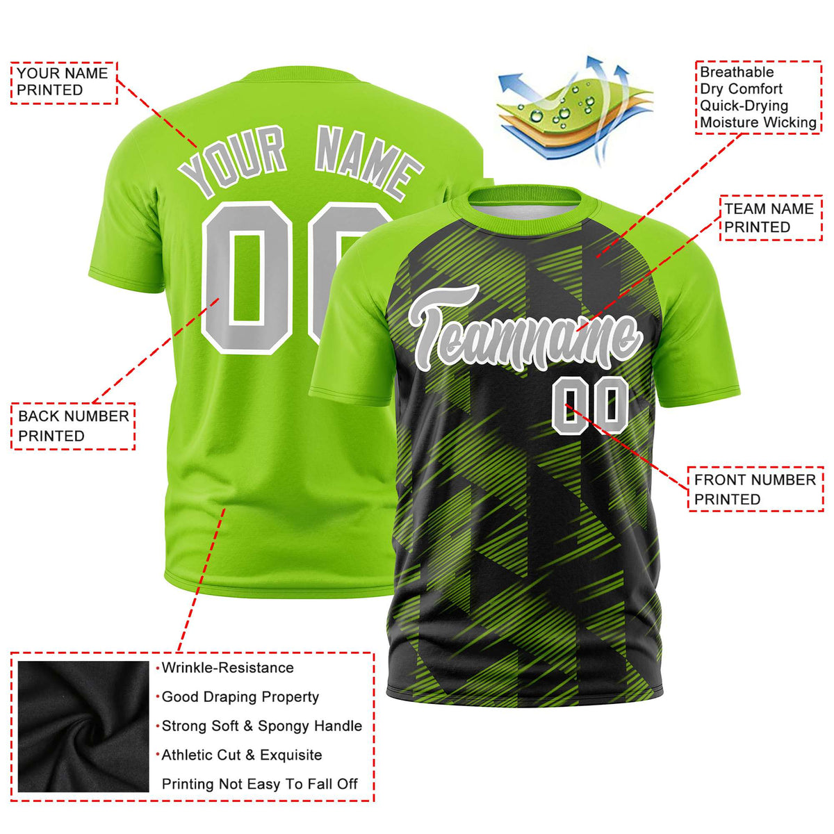 Custom Black Neon Green Crew neck Triangular Shapes Design Performance T-Shirt