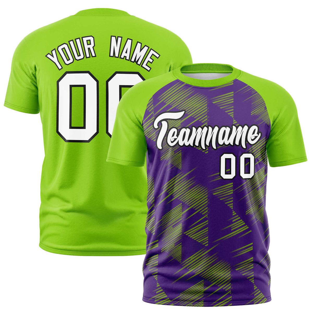 Custom Purple Neon Green Crew neck Triangular Shapes Design Performance T-Shirt