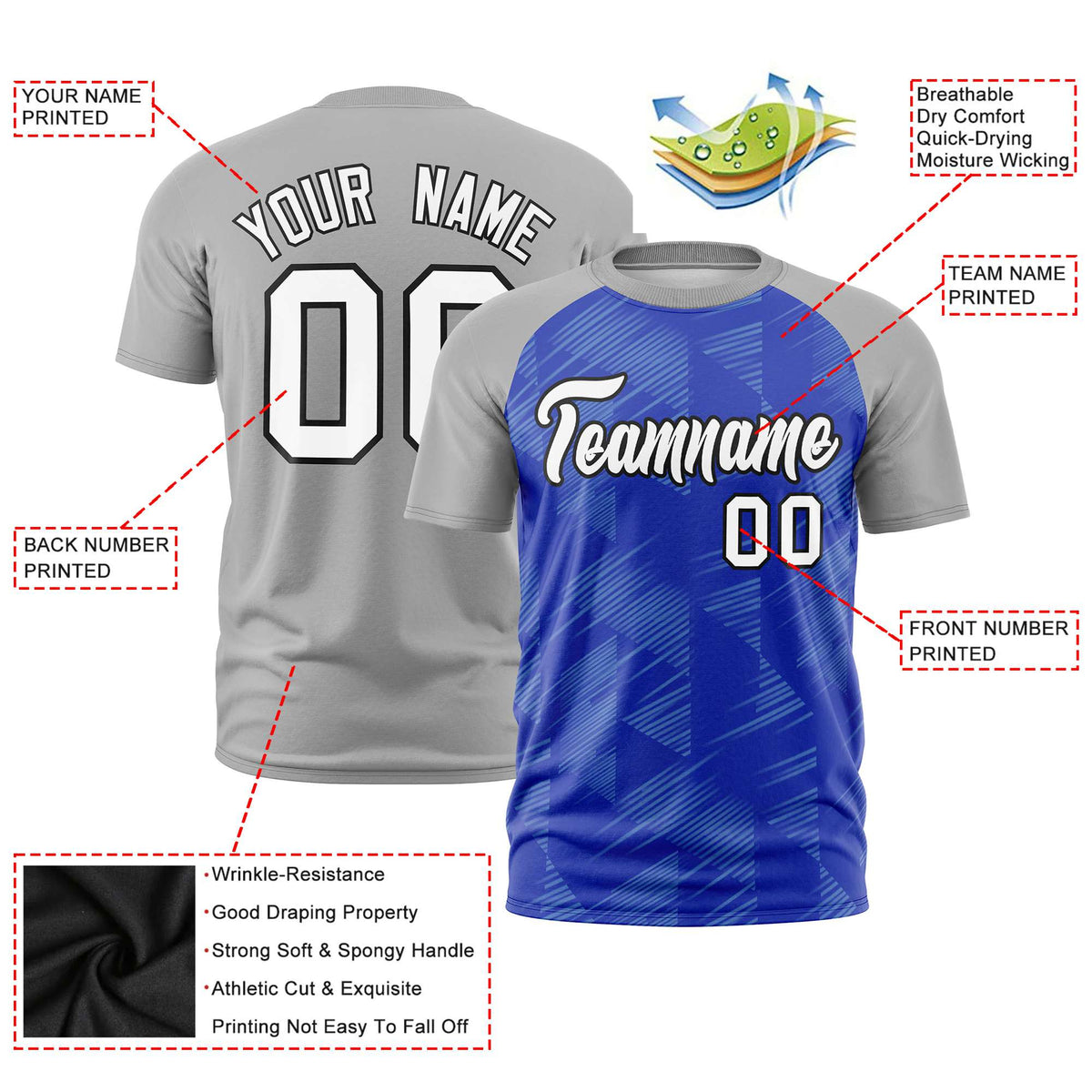 Custom Royal Blue Gray Crew neck Triangular Shapes Design Performance T-Shirt