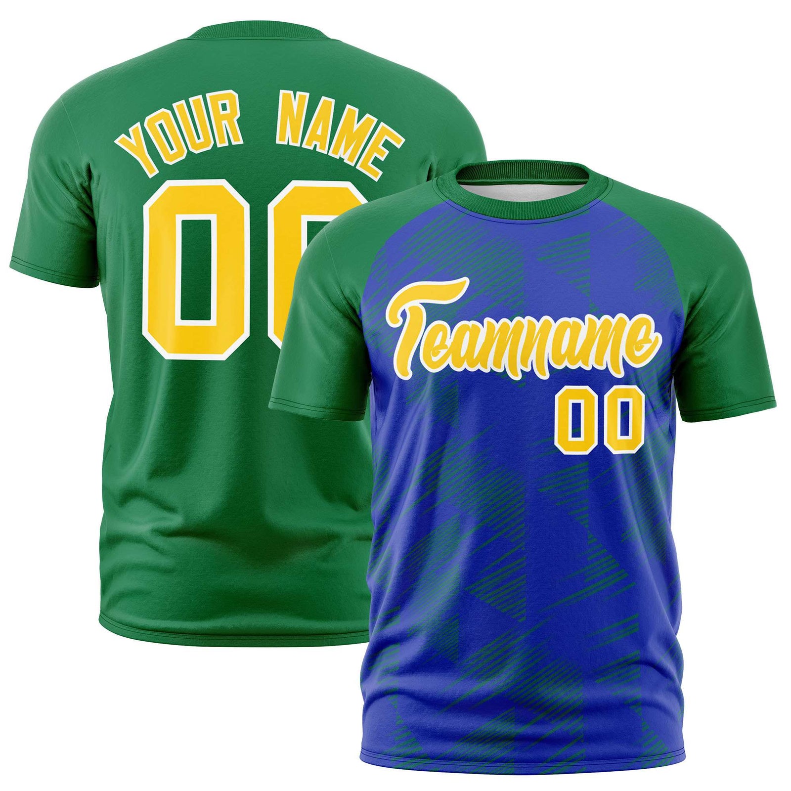 Custom Royal Blue Kelly Green Crew neck Triangular Shapes Design Performance T-Shirt