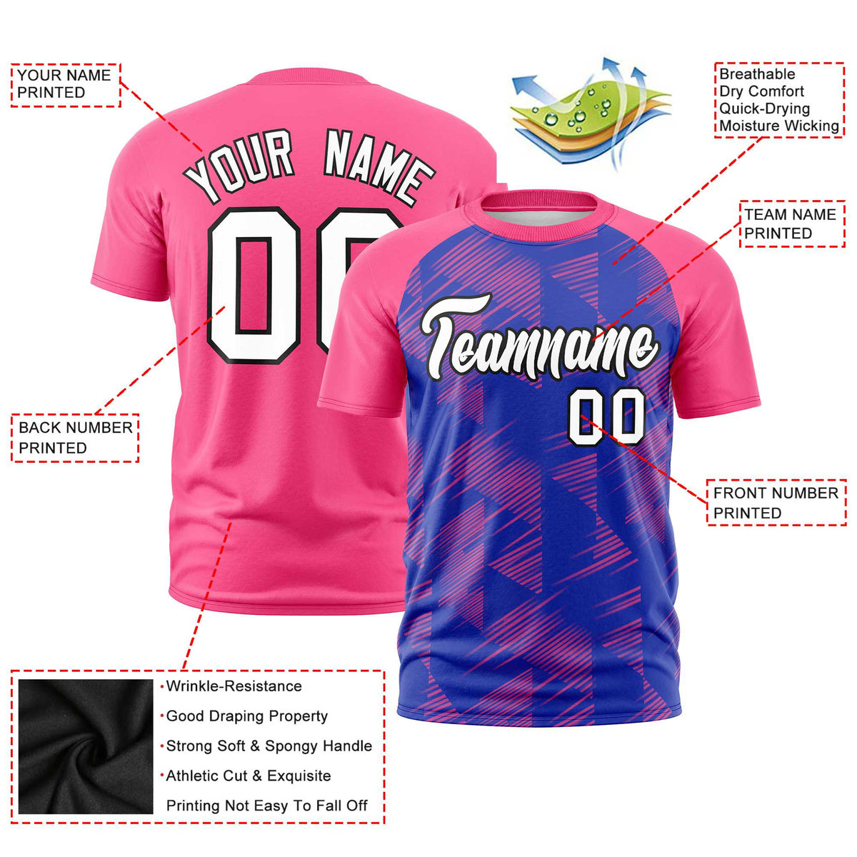 Custom Royal Blue Pink Crew neck Triangular Shapes Design Performance T-Shirt