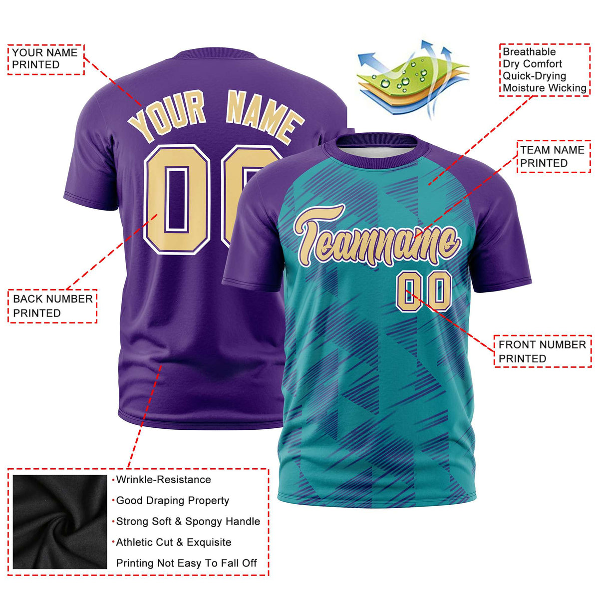 Custom Aqua Purple Crew neck Triangular Shapes Design Performance T-Shirt