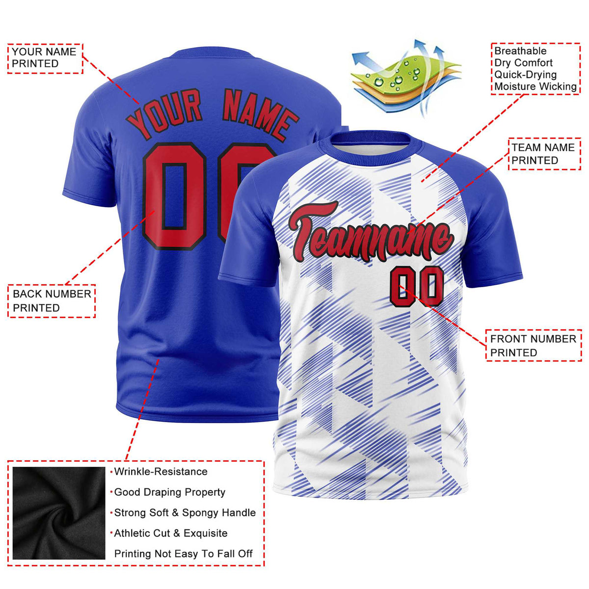 Custom White Royal Blue Crew neck Triangular Shapes Design Performance T-Shirt