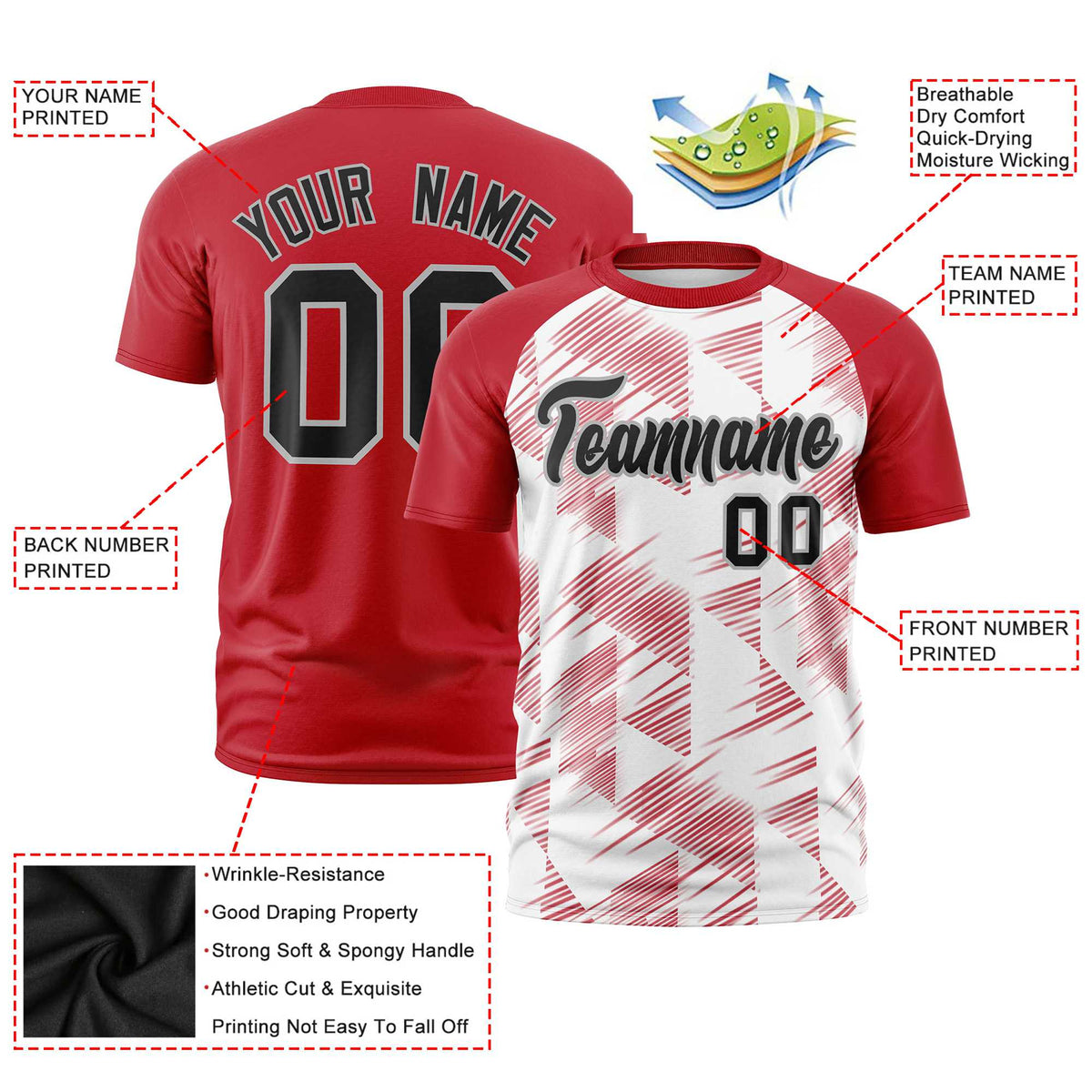 Custom White Red Crew neck Triangular Shapes Design Performance T-Shirt