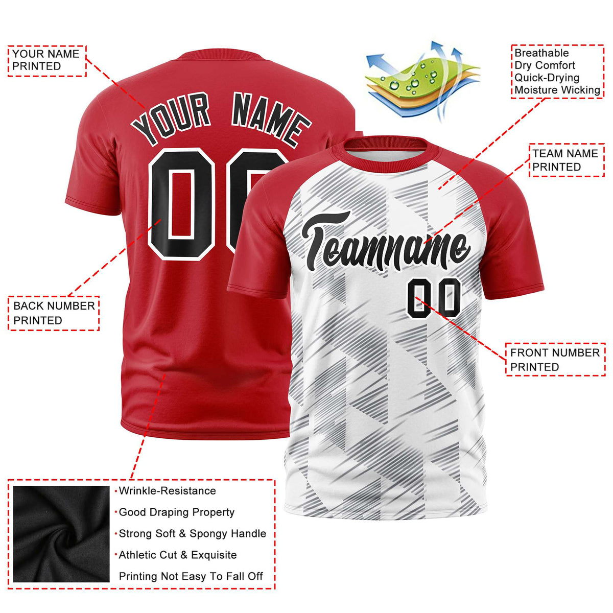 Custom White Red Crew neck Triangular Shapes Design Performance T-Shirt