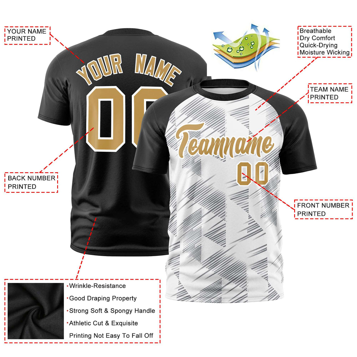 Custom White Black Crew neck Triangular Shapes Design Performance T-Shirt