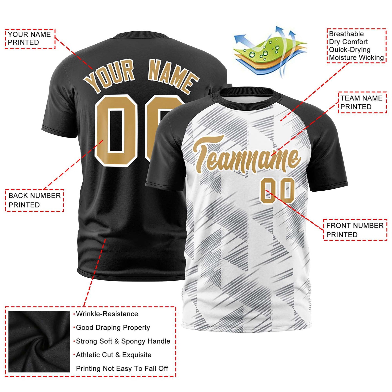 Custom White Black Crew neck Triangular Shapes Design Performance T-Shirt