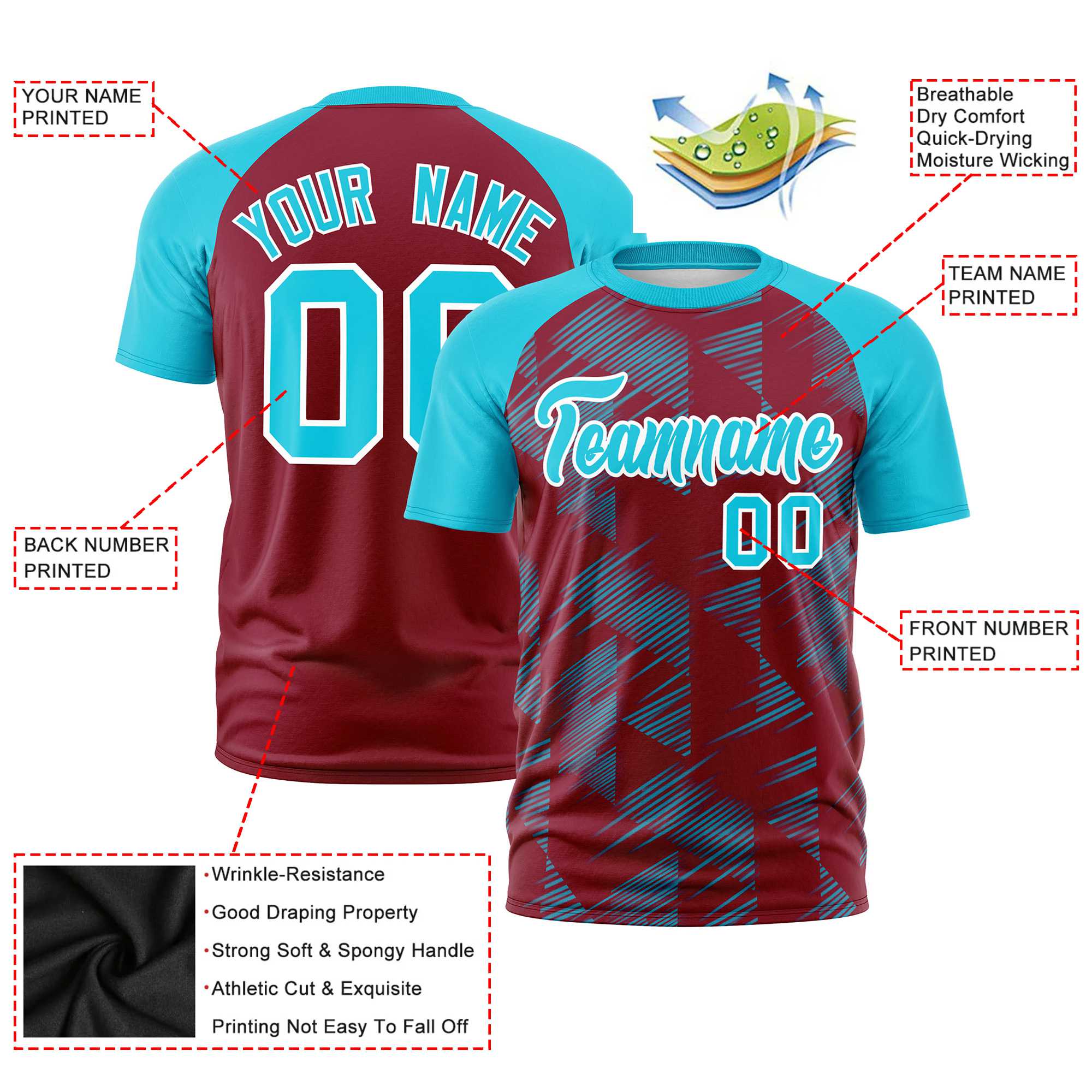 Custom Crimson Sky Blue Crew neck Triangular Shapes Design Performance T-Shirt