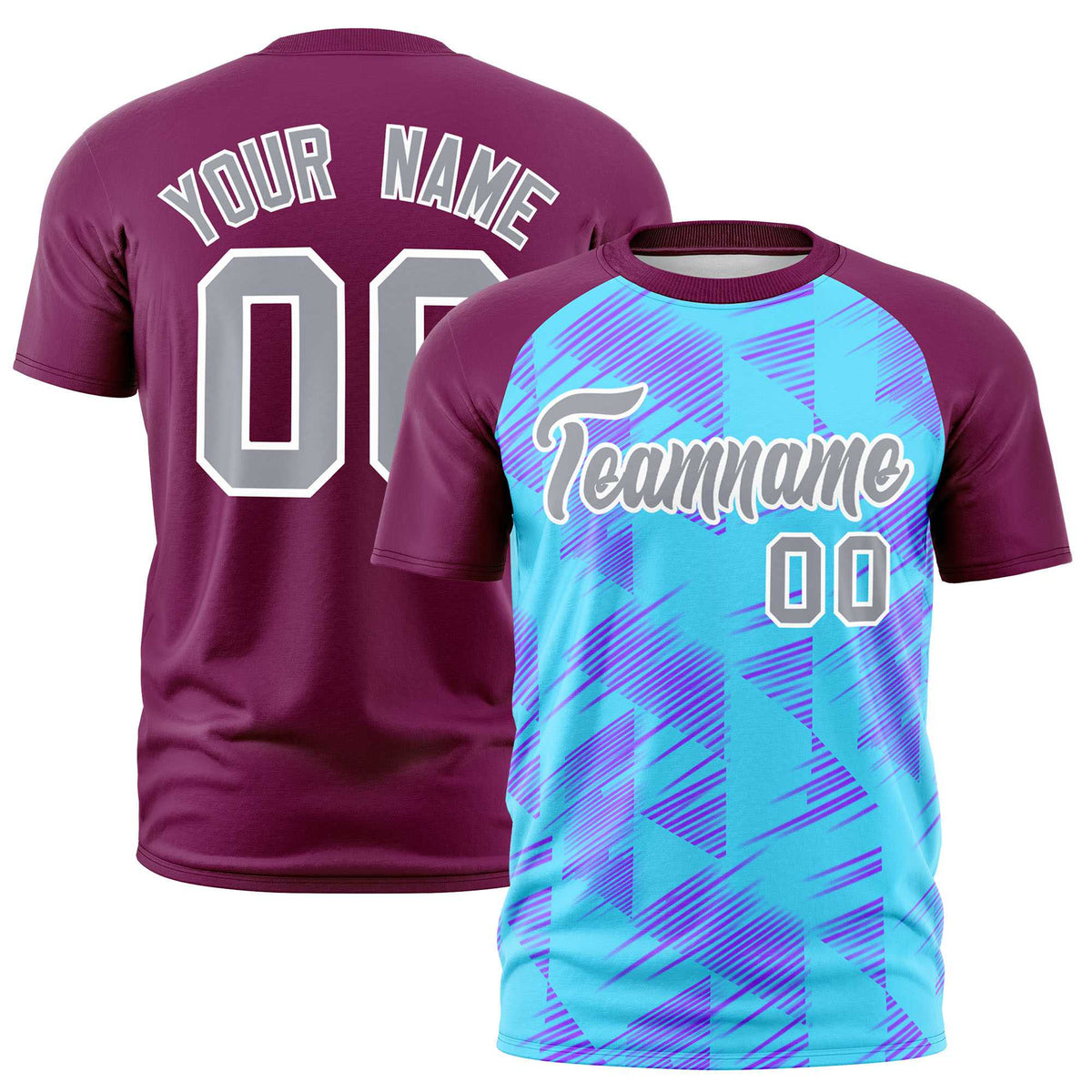 Custom Sky Blue Red Crew neck Triangular Shapes Design Performance T-Shirt