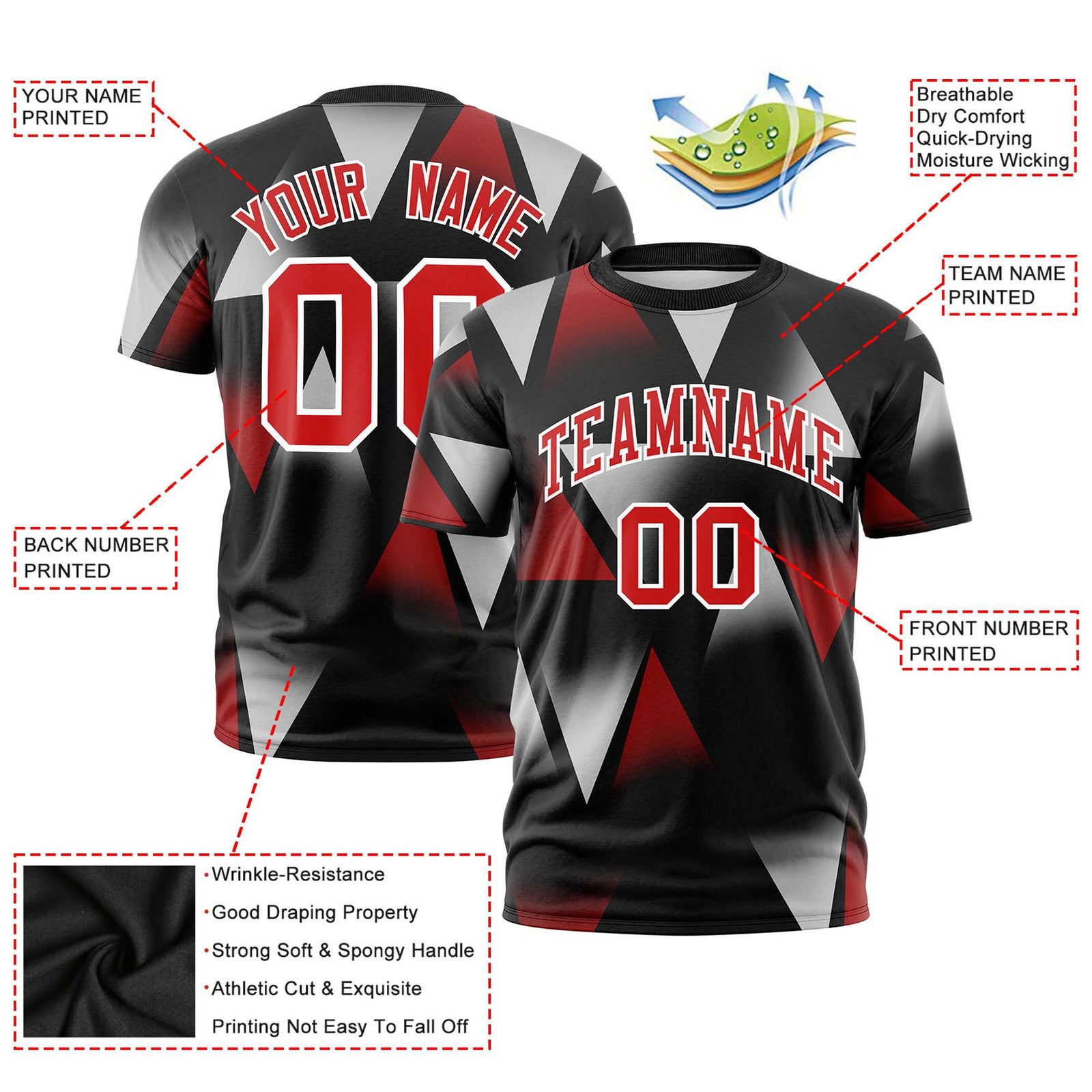 Custom Black Red-Gray Personalized Triangular Pattern Performance T-Shirt