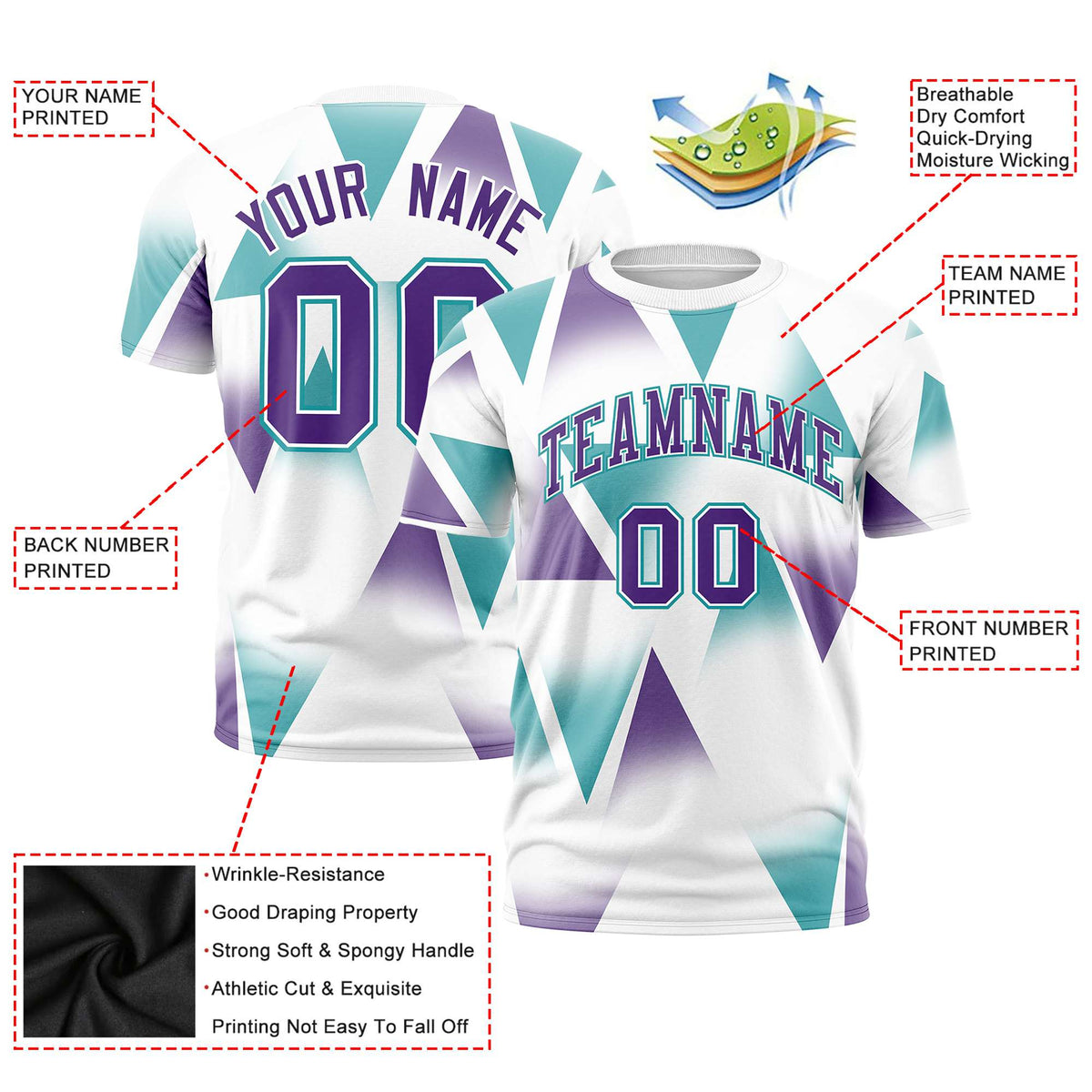 Custom White Aqua-Purple Personalized Triangular Pattern Performance T-Shirt