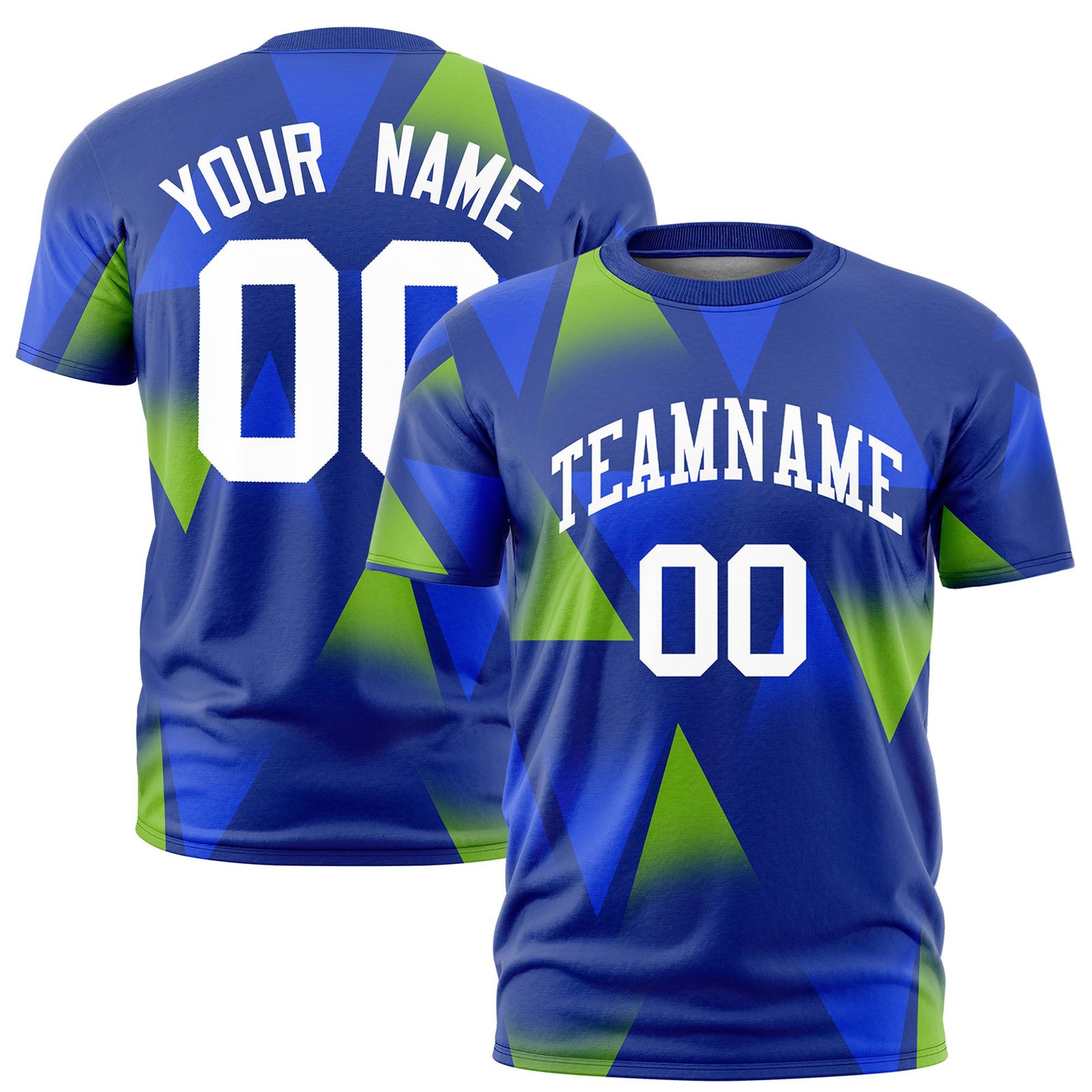 Custom Royal Blue Neon Green-White Personalized Triangular Pattern Performance T-Shirt