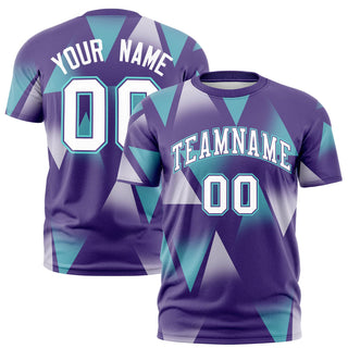 Camiseta deportiva personalizada con estampado triangular morado y blanco aguamarina - Estilo 1