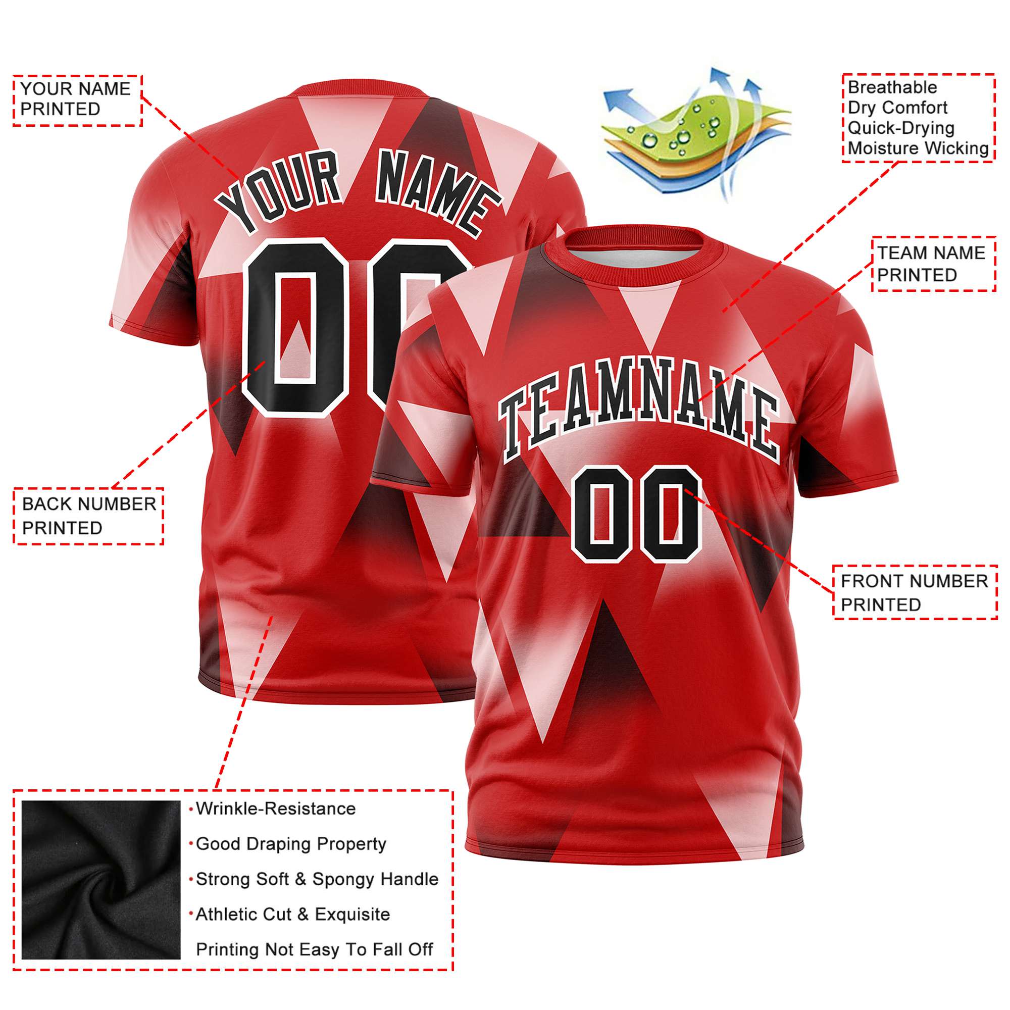 Custom Red Black-White Personalized Triangular Pattern Performance T-Shirt