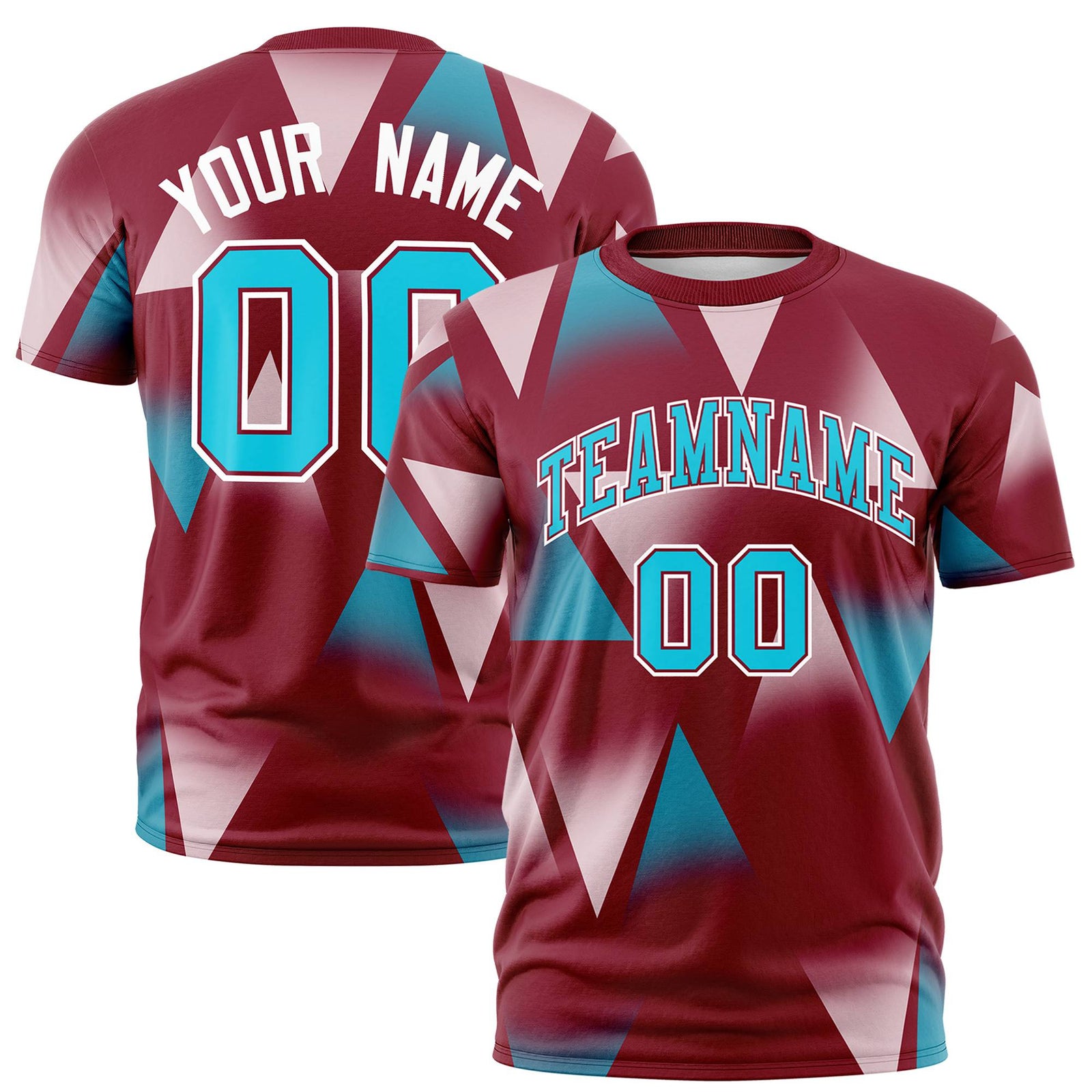 Custom Crimson White-Aqua Personalized Triangular Pattern Performance T-Shirt