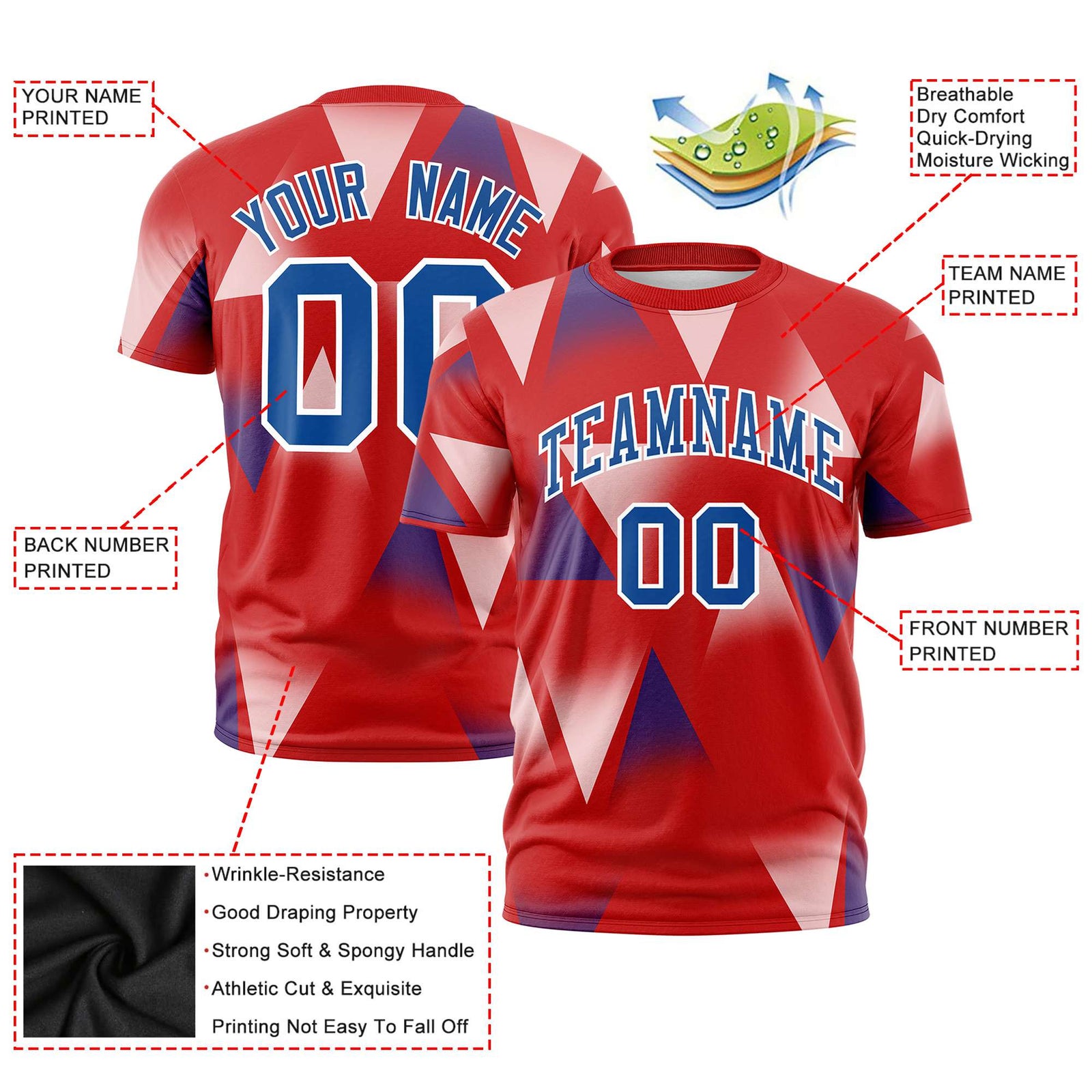 Custom Red White-Royal Blue Personalized Triangular Pattern Performance T-Shirt