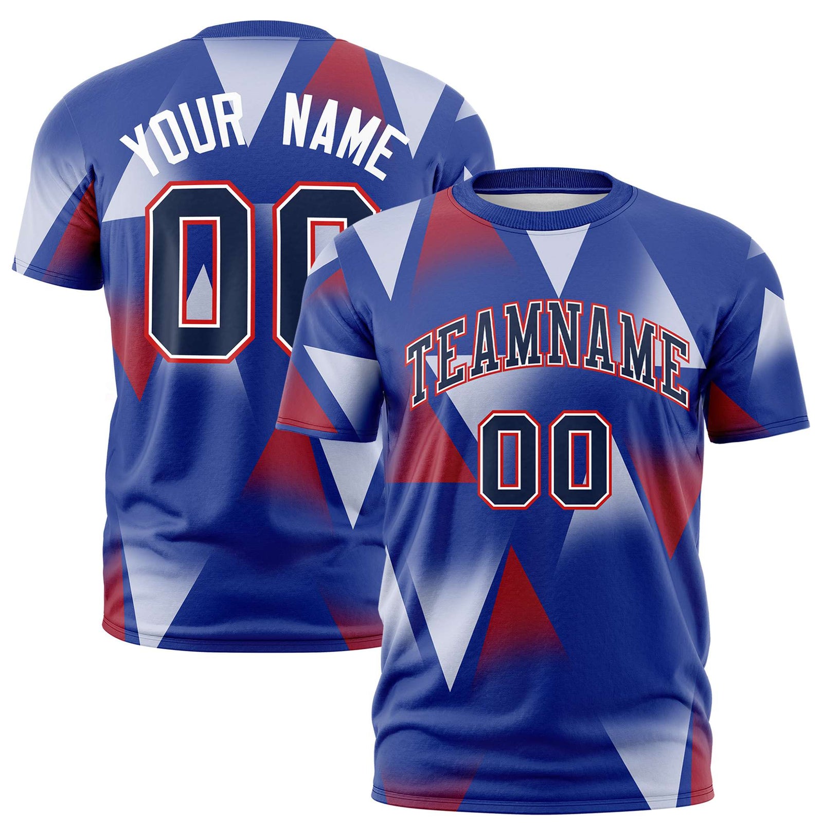 Custom Royal Blue Crimson-Navy Personalized Triangular Pattern Performance T-Shirt