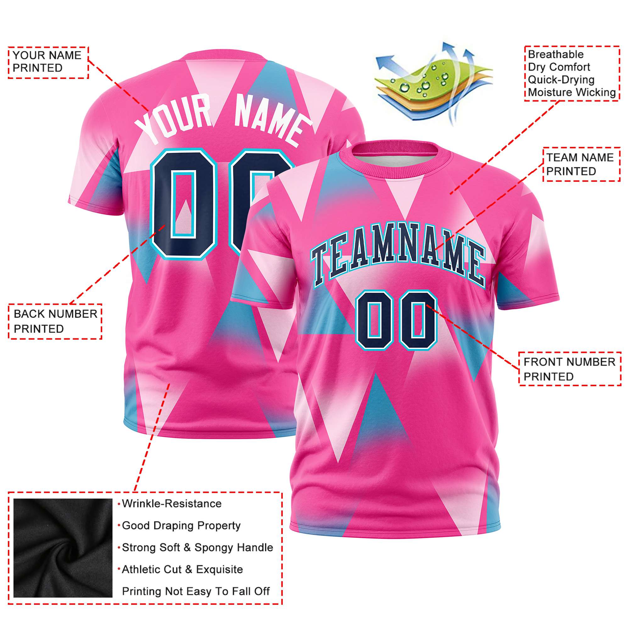 Custom Pink Aqua-Black Personalized Triangular Pattern Performance T-Shirt