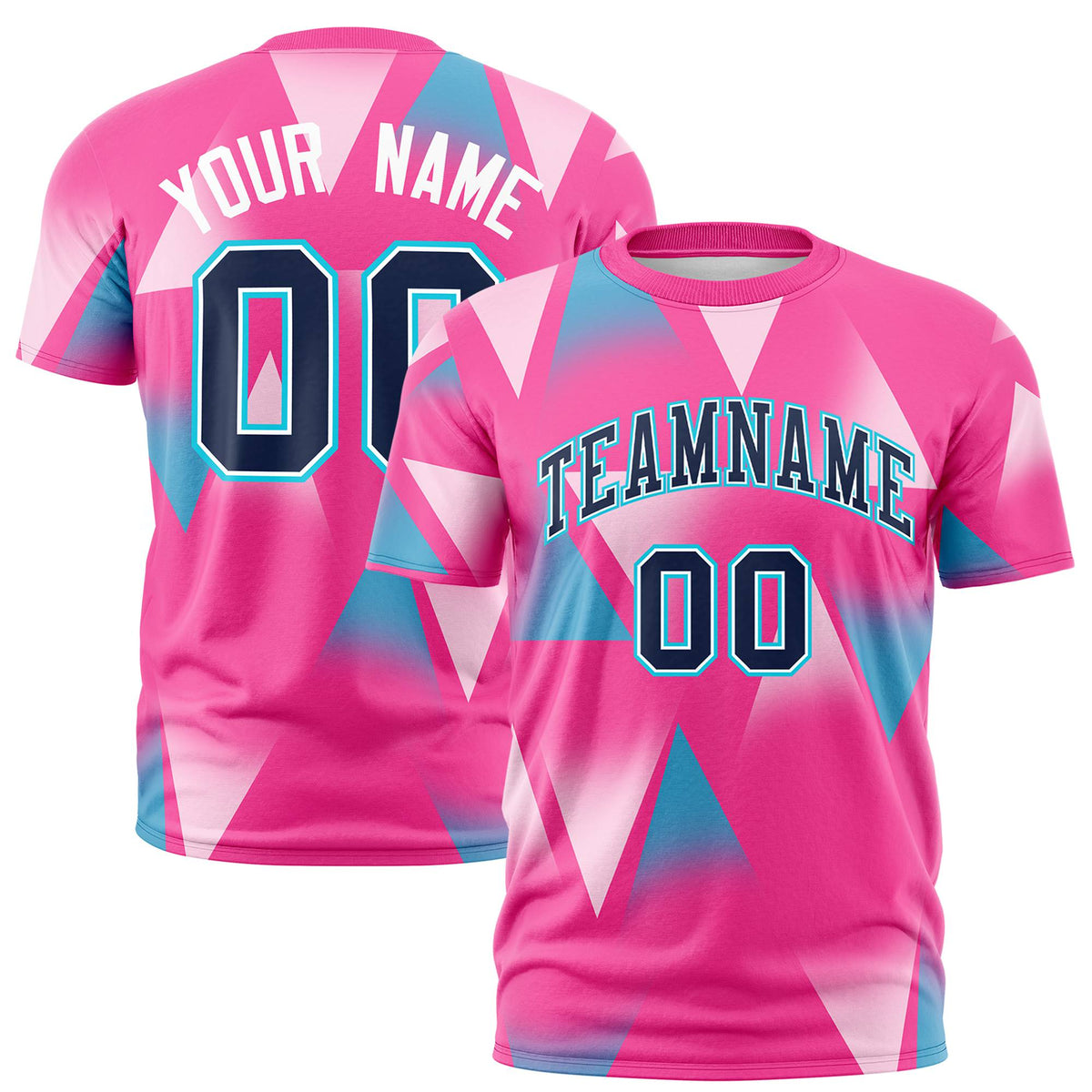 Custom Pink Aqua-Black Personalized Triangular Pattern Performance T-Shirt