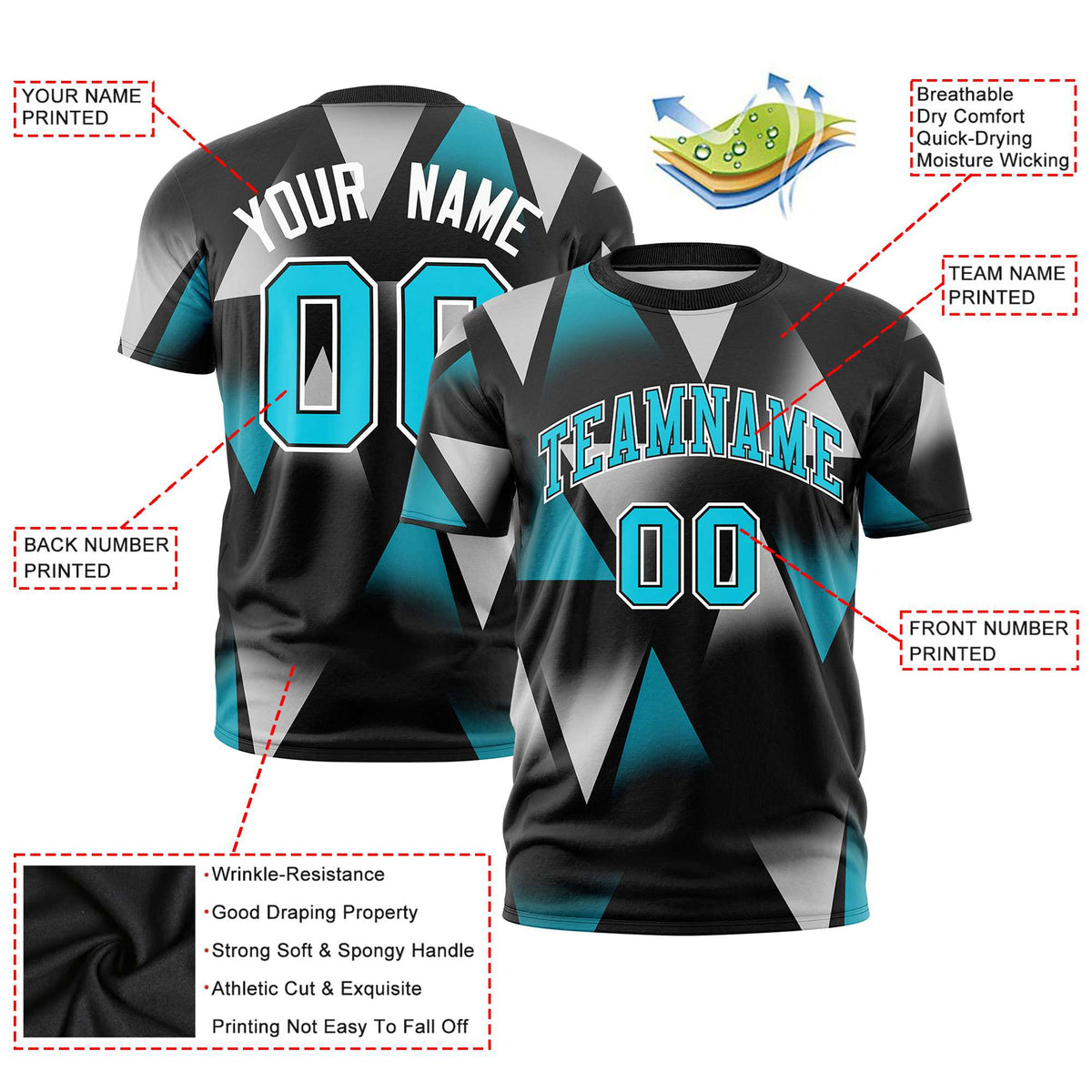 Custom Black White-Aqua Personalized Triangular Pattern Performance T-Shirt