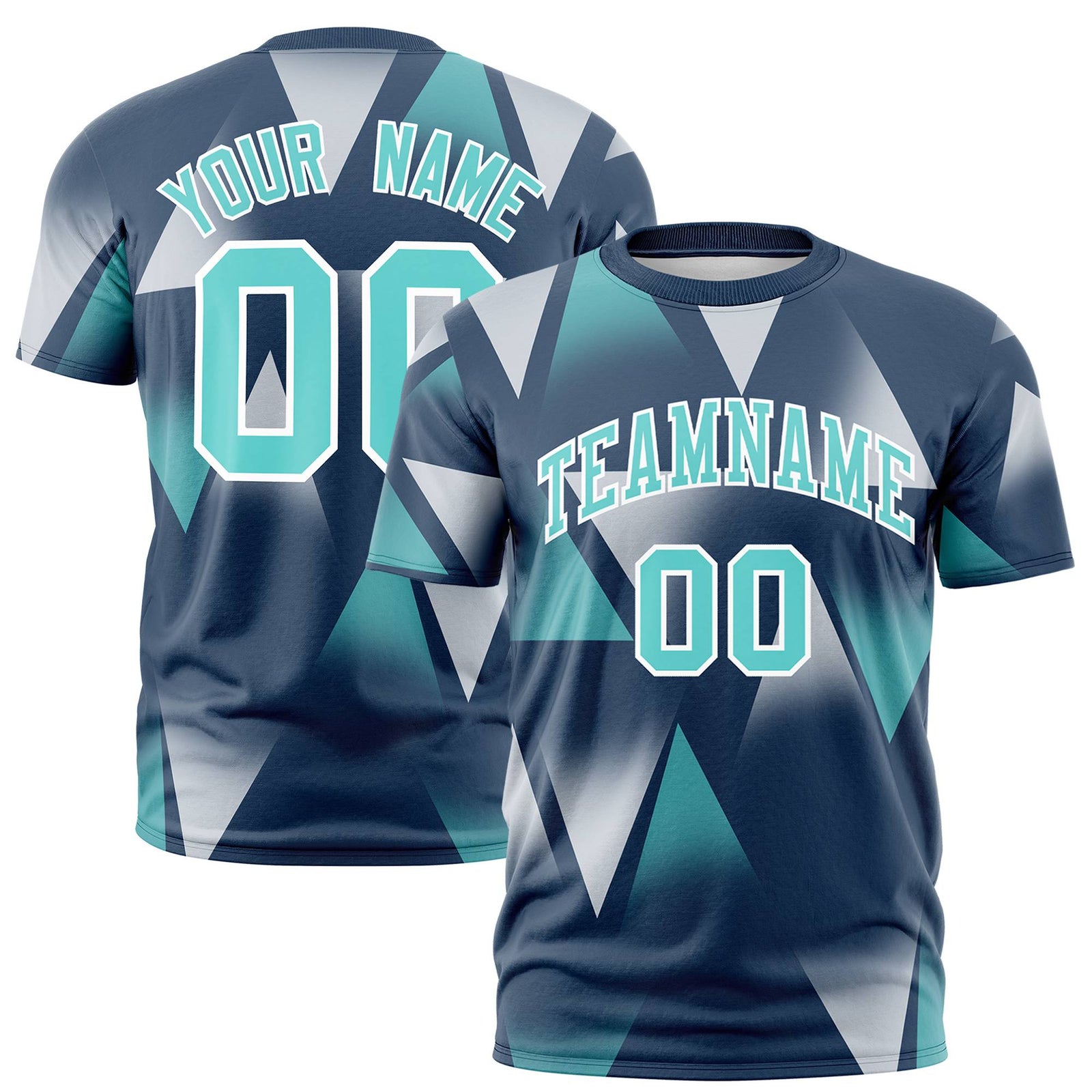 Custom Navy White-Aqua Personalized Triangular Pattern Performance T-Shirt